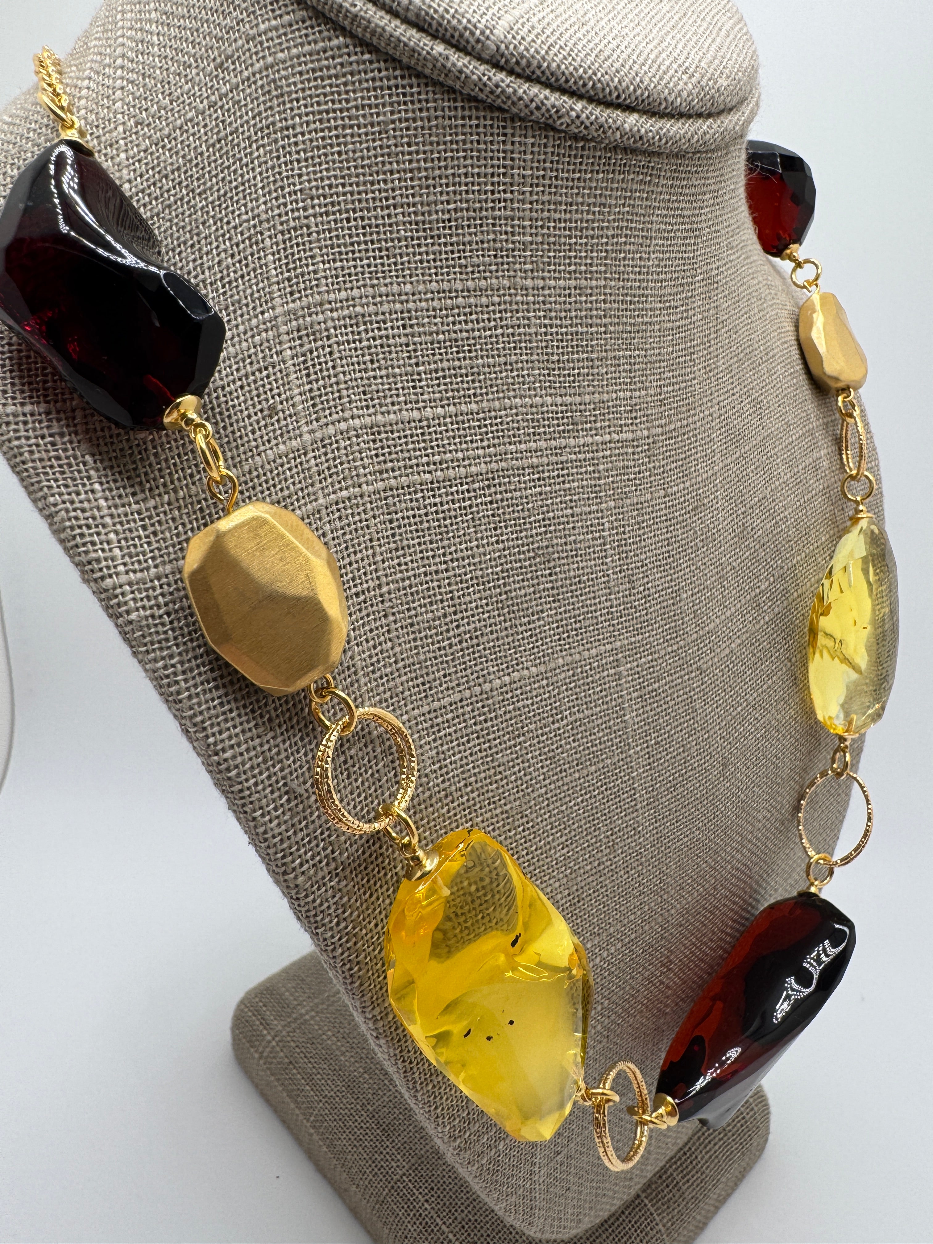 Handmade in Lithuania Gold-Platted Sterling Silver Baltic Amber Multi-Stone Boho Necklace – Cherry and Lemon Amber