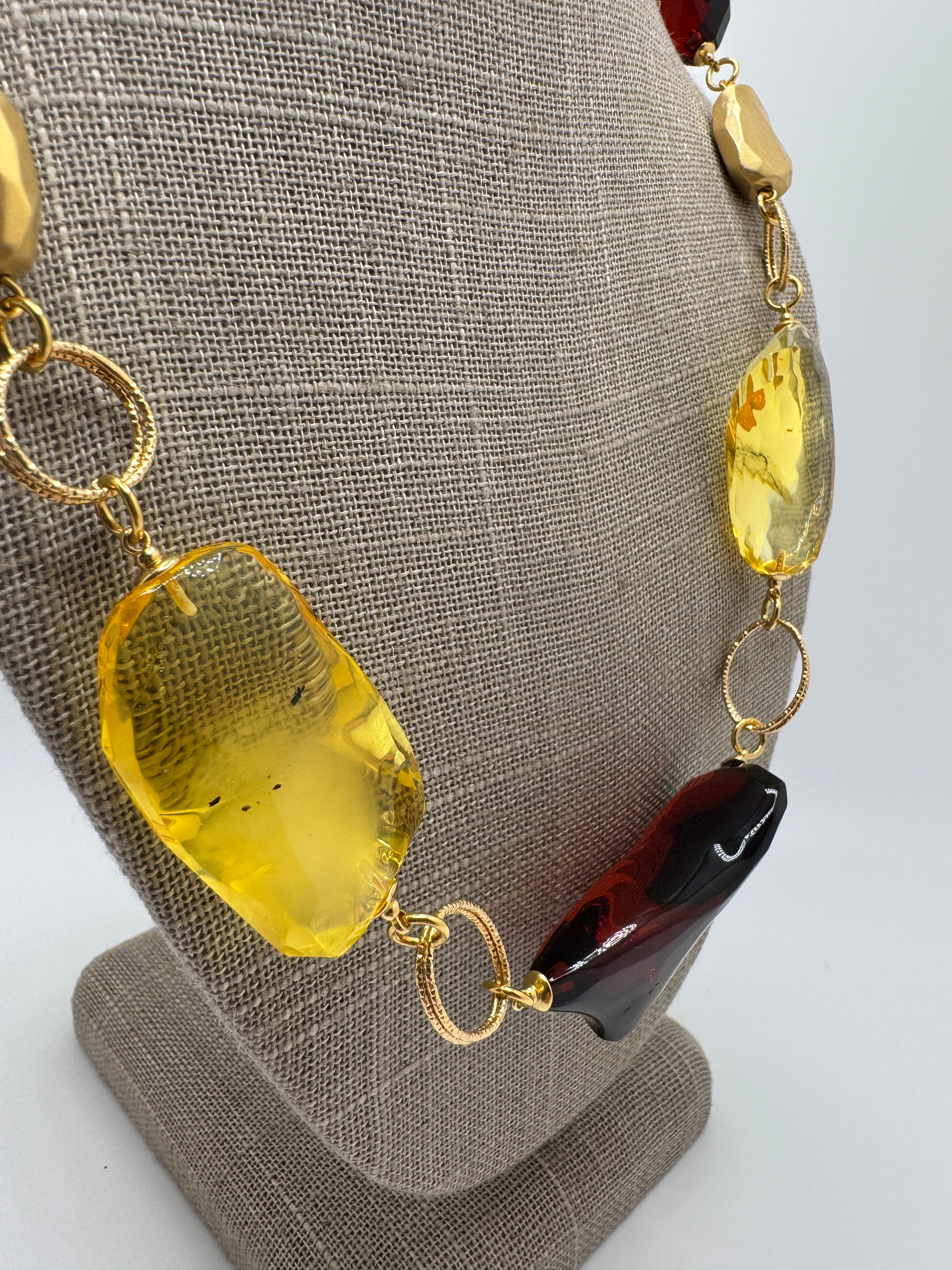 Handmade in Lithuania Gold-Platted Sterling Silver Baltic Amber Multi-Stone Boho Necklace – Cherry and Lemon Amber