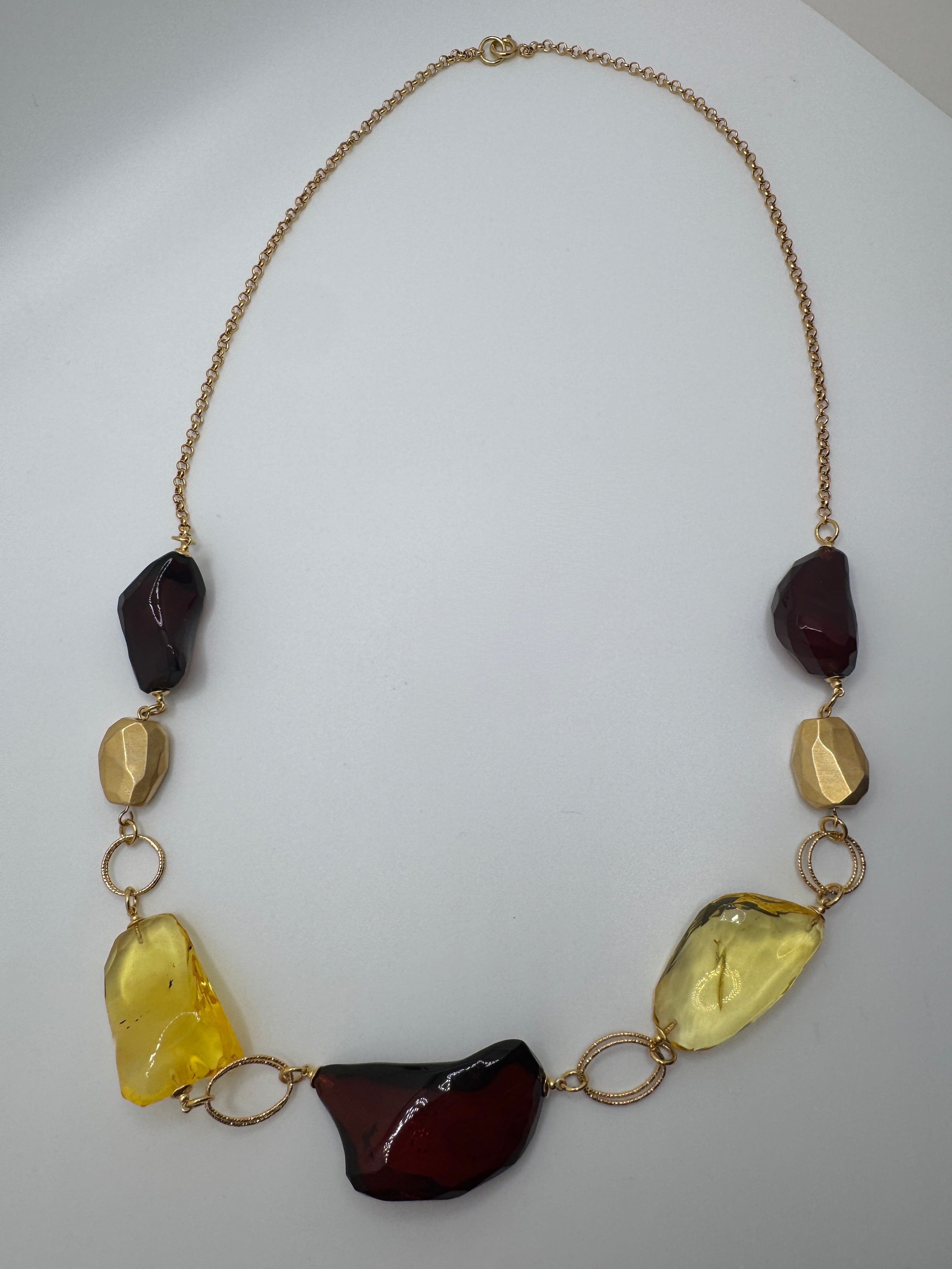 Handmade in Lithuania Gold-Platted Sterling Silver Baltic Amber Multi-Stone Boho Necklace – Cherry and Lemon Amber