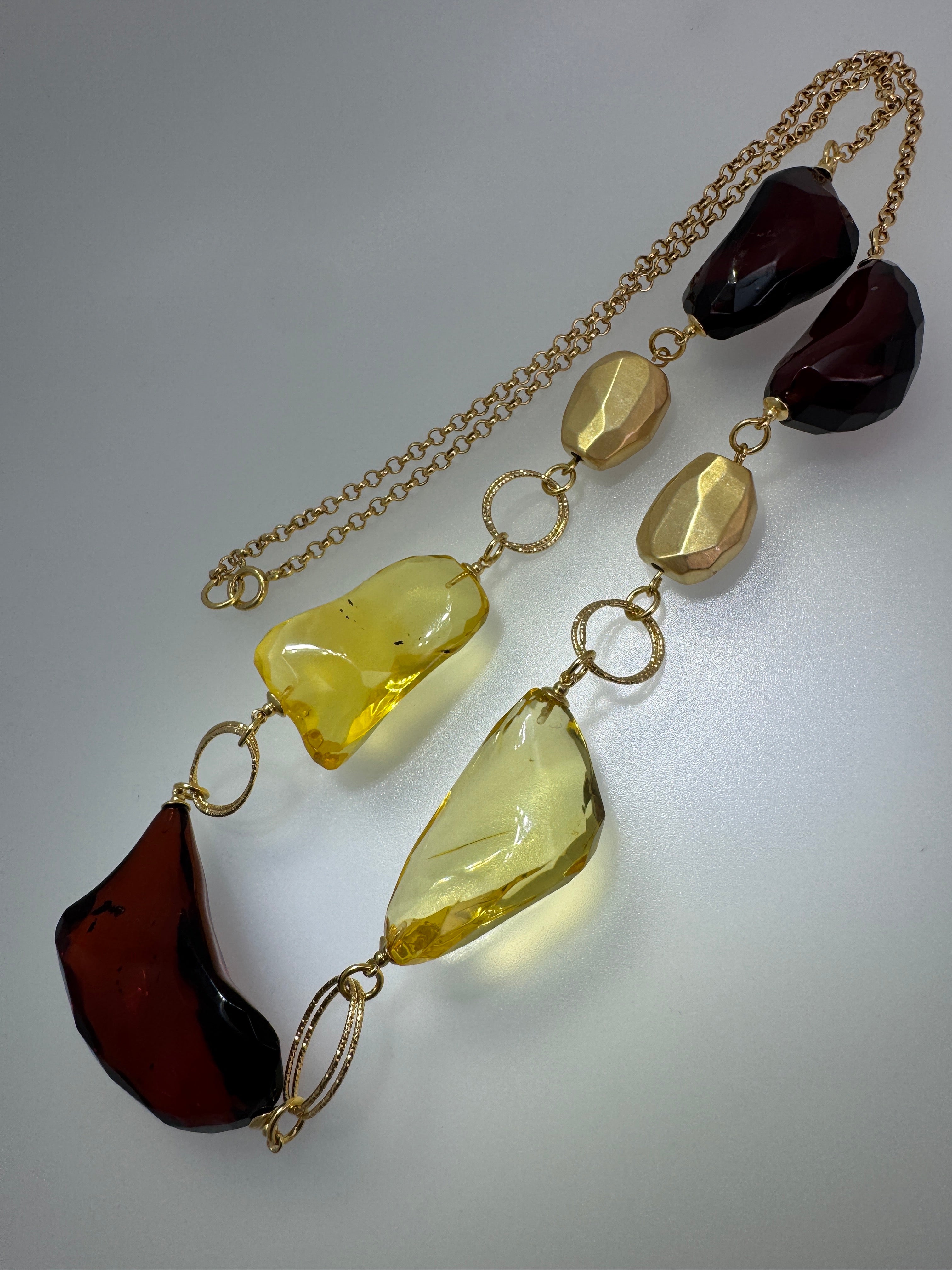 Handmade in Lithuania Gold-Platted Sterling Silver Baltic Amber Multi-Stone Boho Necklace – Cherry and Lemon Amber