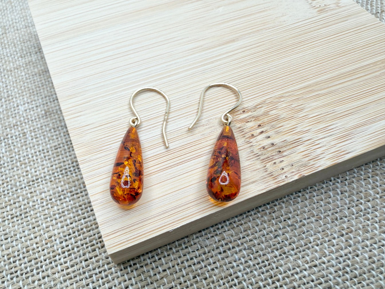 Handmade in Poland 14K Gold & Cognac Baltic Amber Teardrop Earrings – Lightweight Everyday Amber Drop Earrings