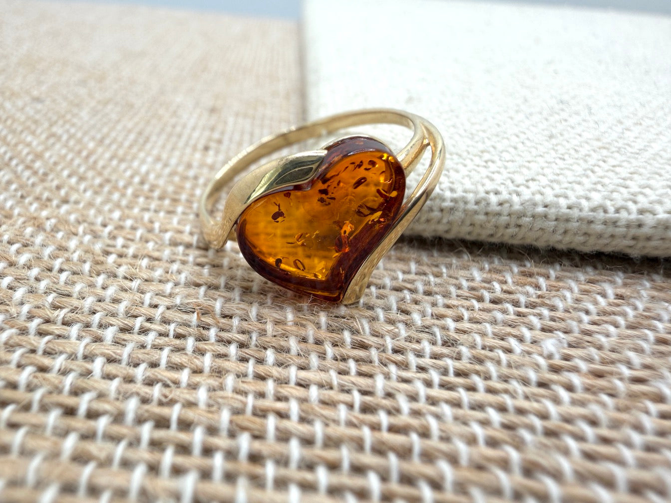 14K Gold & Honey Baltic Amber Heart Ring – Size 7.5 – Genuine Artisan Jewelry