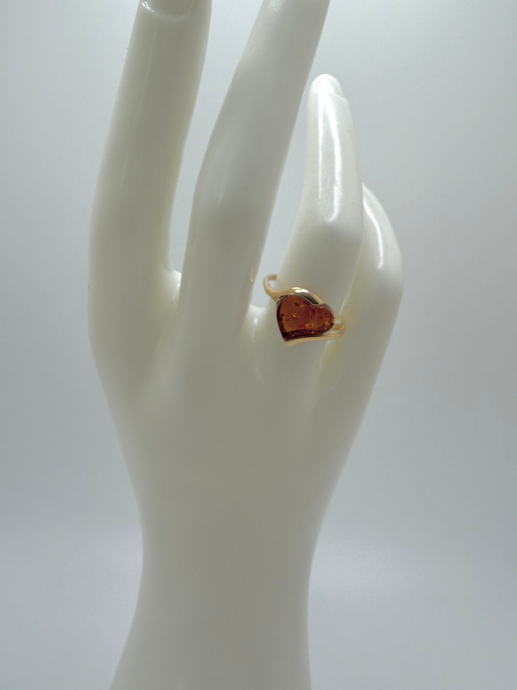 14K Gold & Honey Baltic Amber Heart Ring – Size 7.5 – Genuine Artisan Jewelry