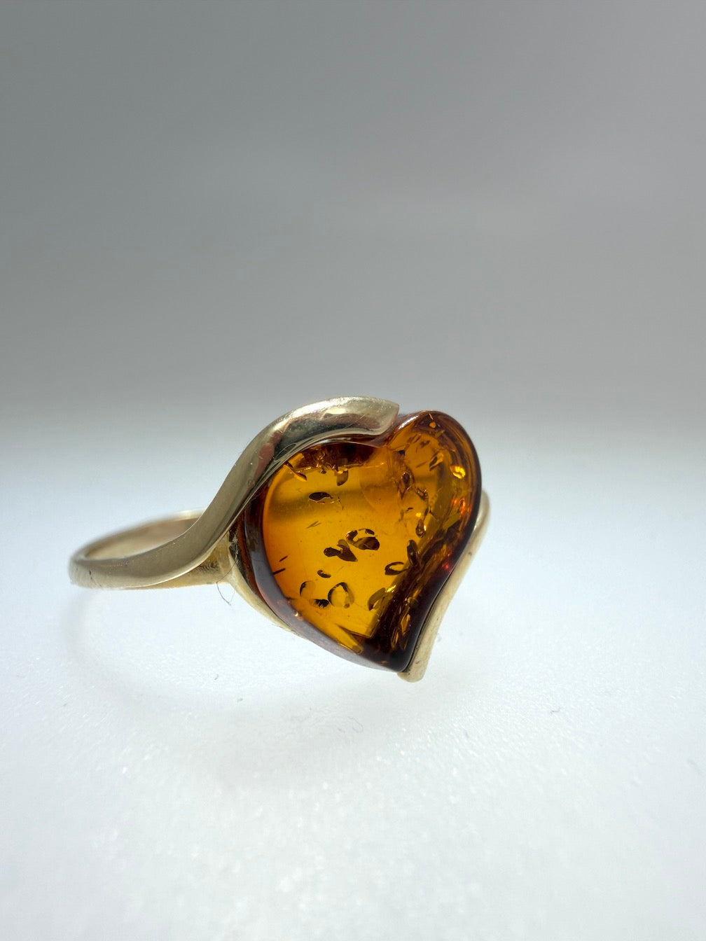 14K Gold & Honey Baltic Amber Heart Ring – Size 7.5 – Genuine Artisan Jewelry