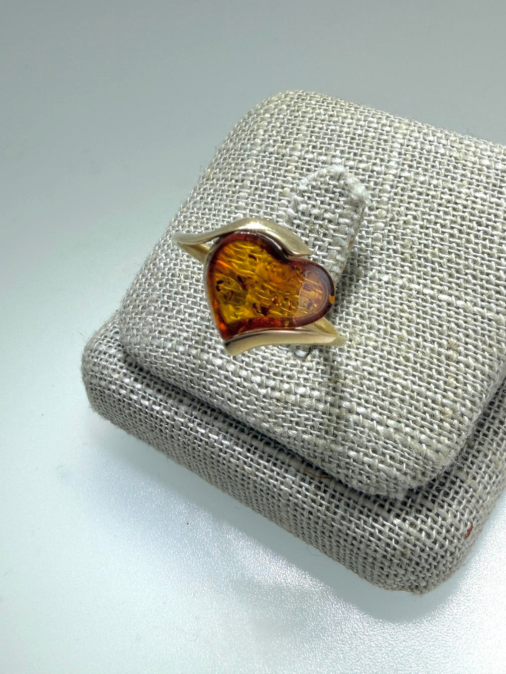 14K Gold & Honey Baltic Amber Heart Ring – Size 7.5 – Genuine Artisan Jewelry