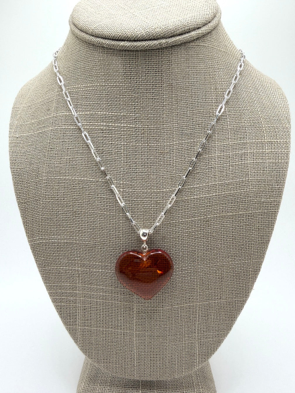 Baltic Amber Heart Necklace on Oversized Sterling Silver Paperclip Chain