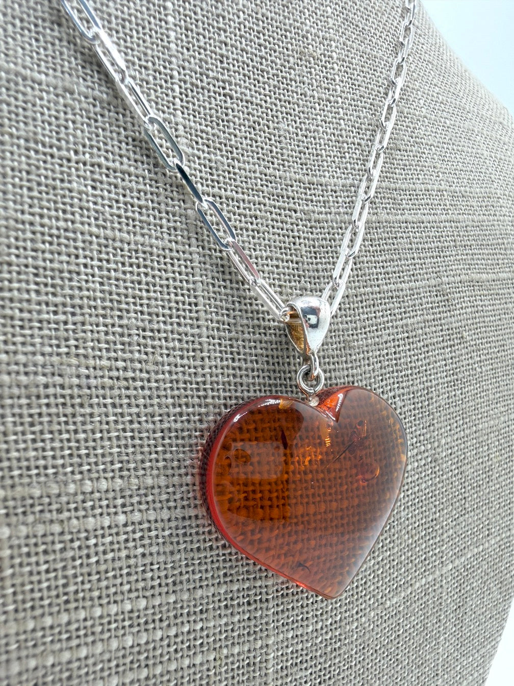 Baltic Amber Heart Necklace on Oversized Sterling Silver Paperclip Chain