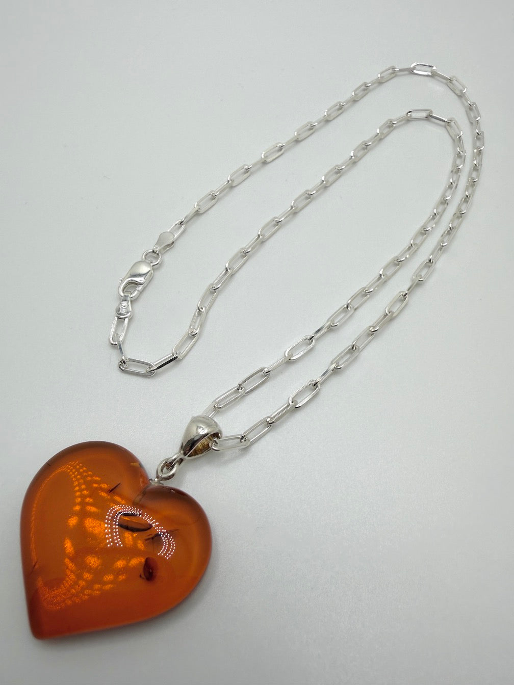 Baltic Amber Heart Necklace on Oversized Sterling Silver Paperclip Chain