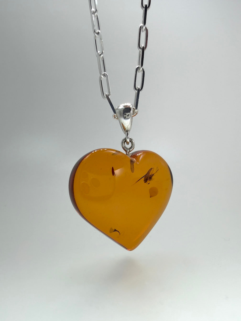 Baltic Amber Heart Necklace on Oversized Sterling Silver Paperclip Chain
