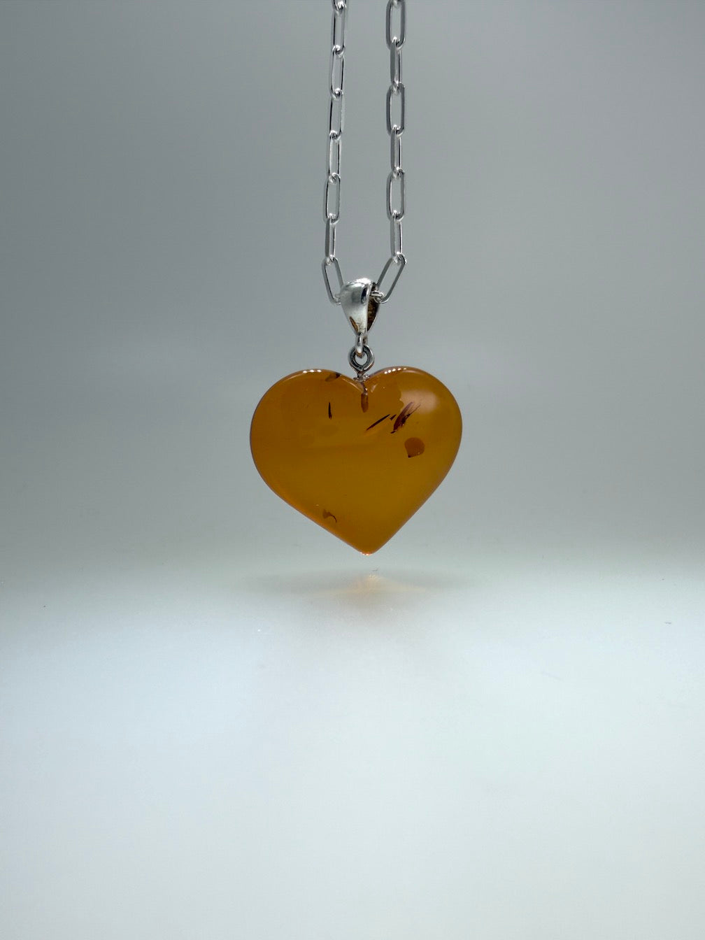 Baltic Amber Heart Necklace on Oversized Sterling Silver Paperclip Chain