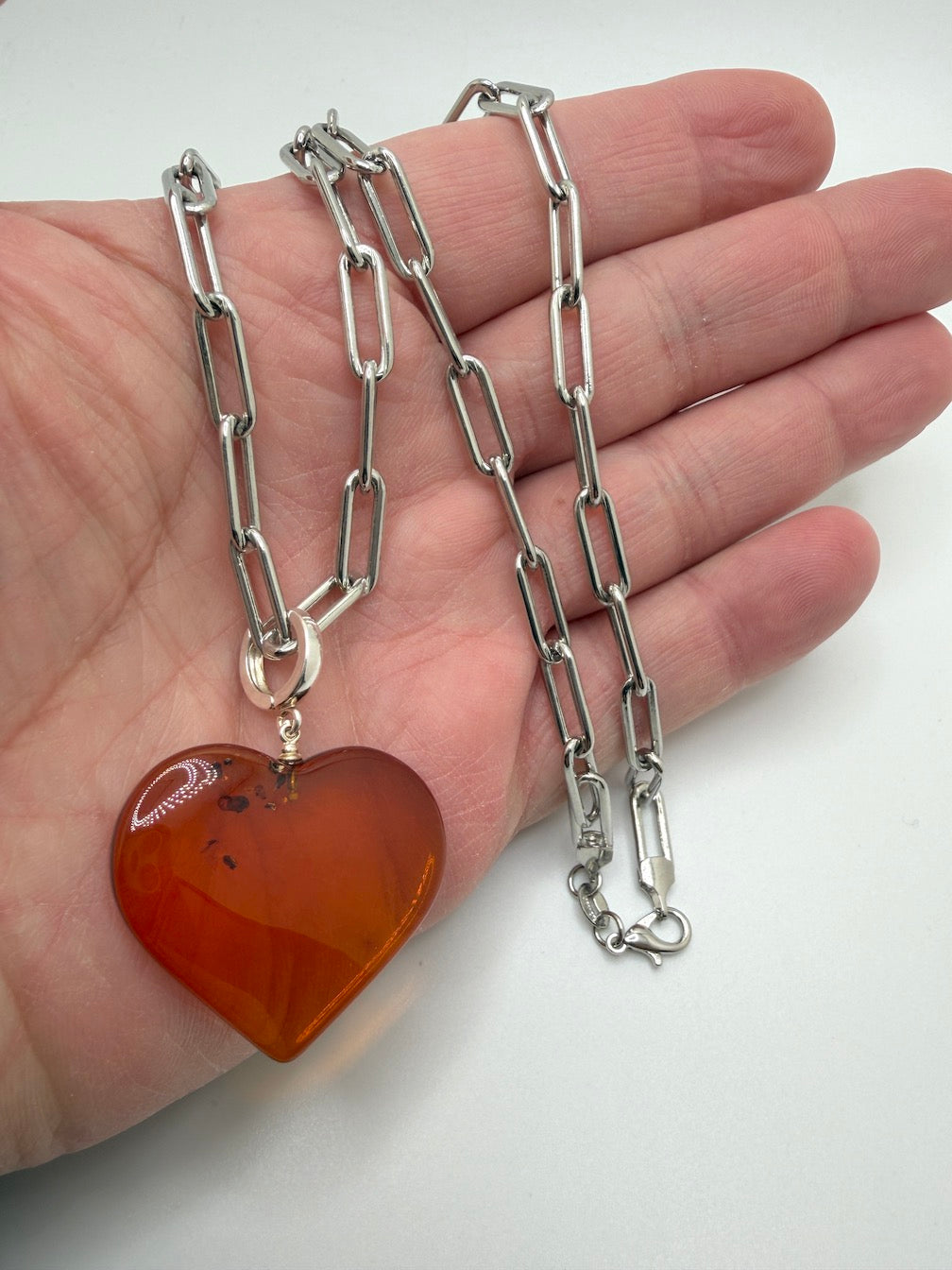 Baltic Amber Puffy Heart Necklace on Oversized Sterling Silver Paperclip Chain