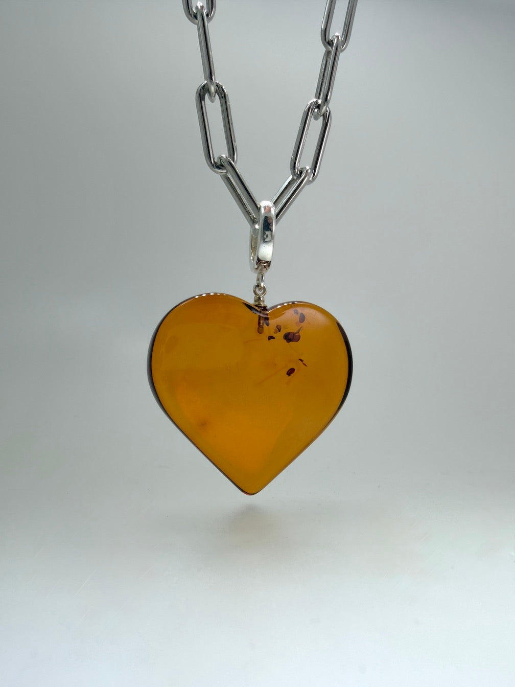 Baltic Amber Puffy Heart Necklace on Oversized Sterling Silver Paperclip Chain