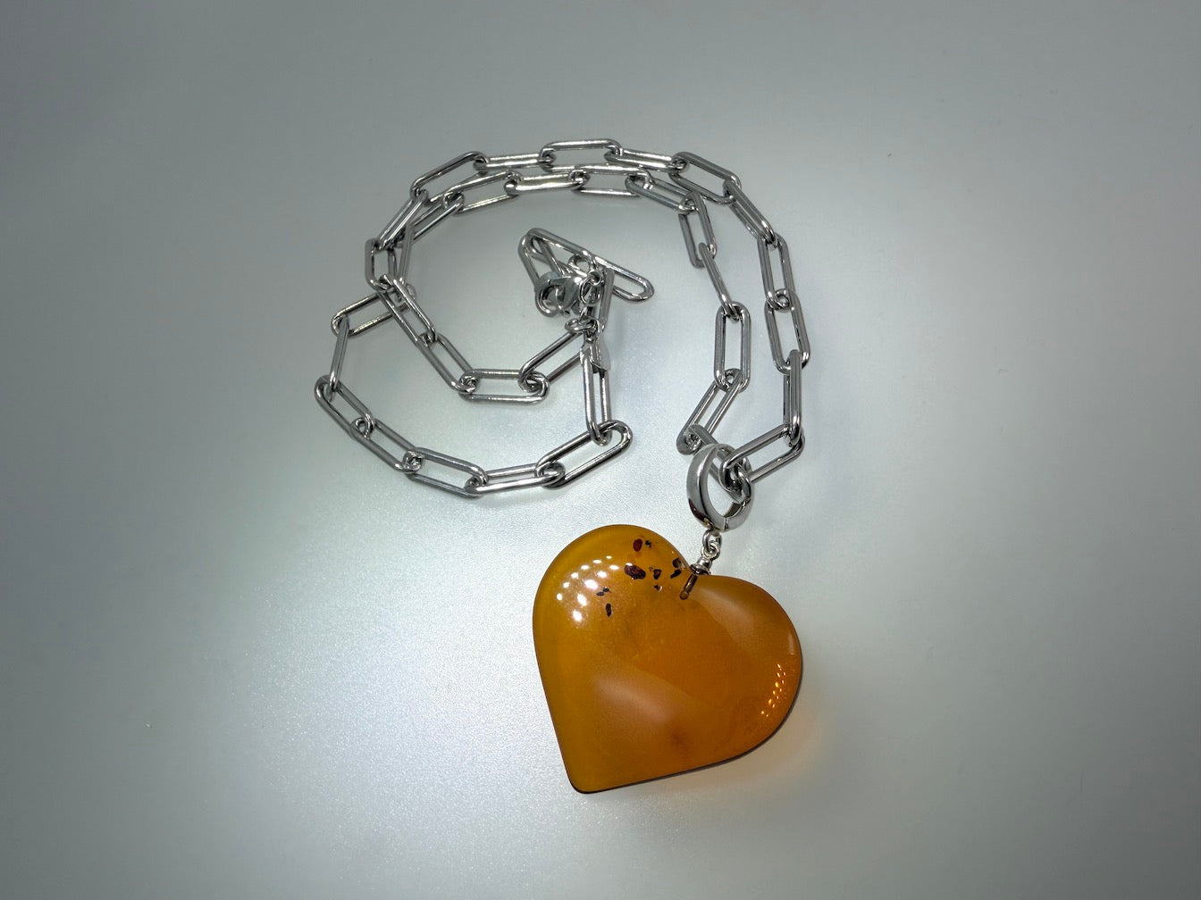 Baltic Amber Puffy Heart Necklace on Oversized Sterling Silver Paperclip Chain