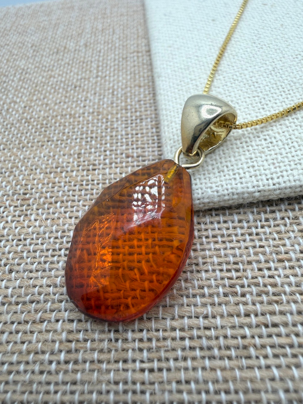 Baltic Amber Faceted Teardrop Pendant in Gold Platted Sterling Silver on Chain