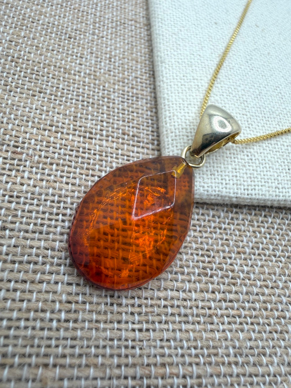 Baltic Amber Faceted Teardrop Pendant in Gold Platted Sterling Silver on Chain