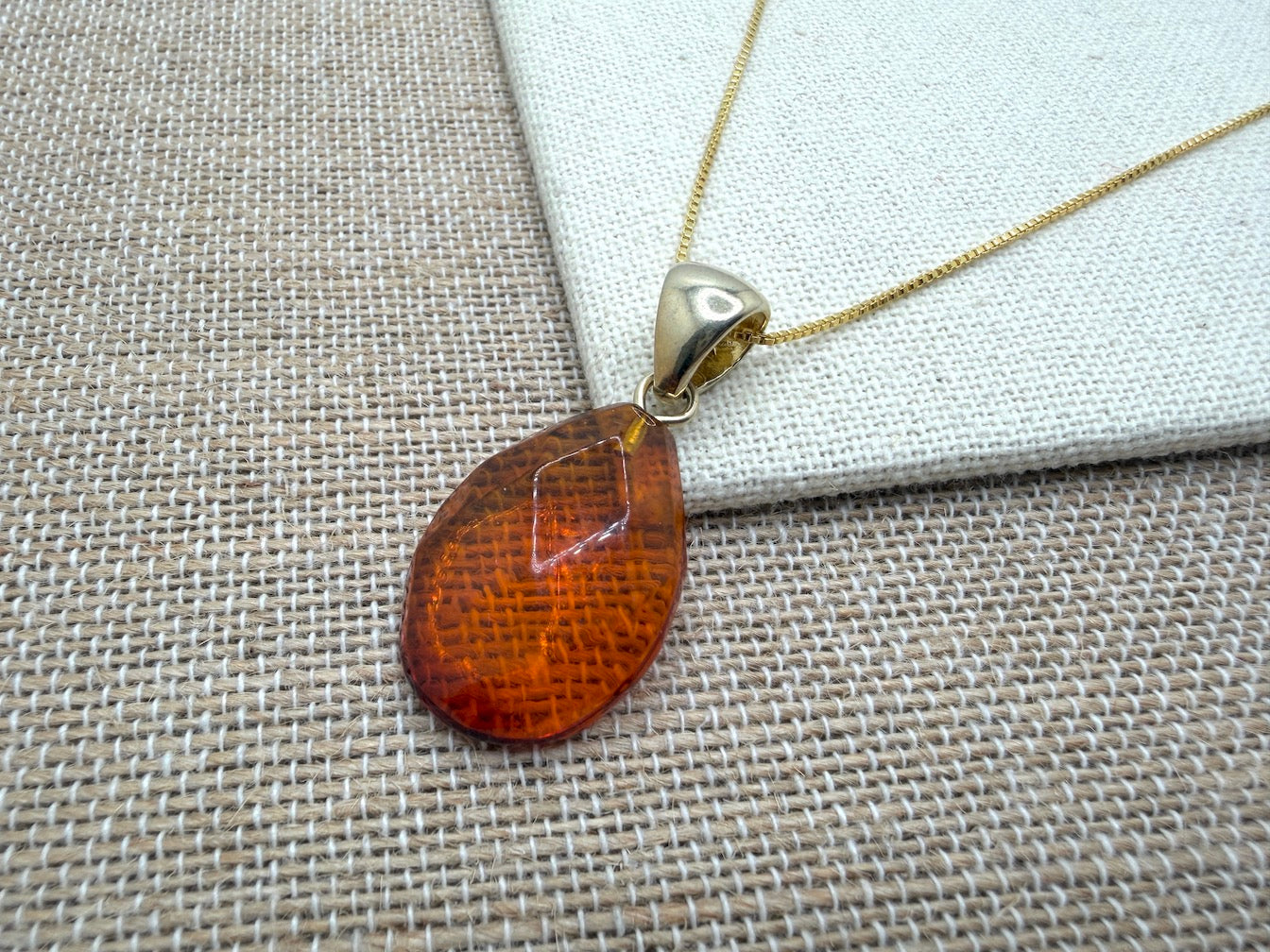 Baltic Amber Faceted Teardrop Pendant in Gold Platted Sterling Silver on Chain