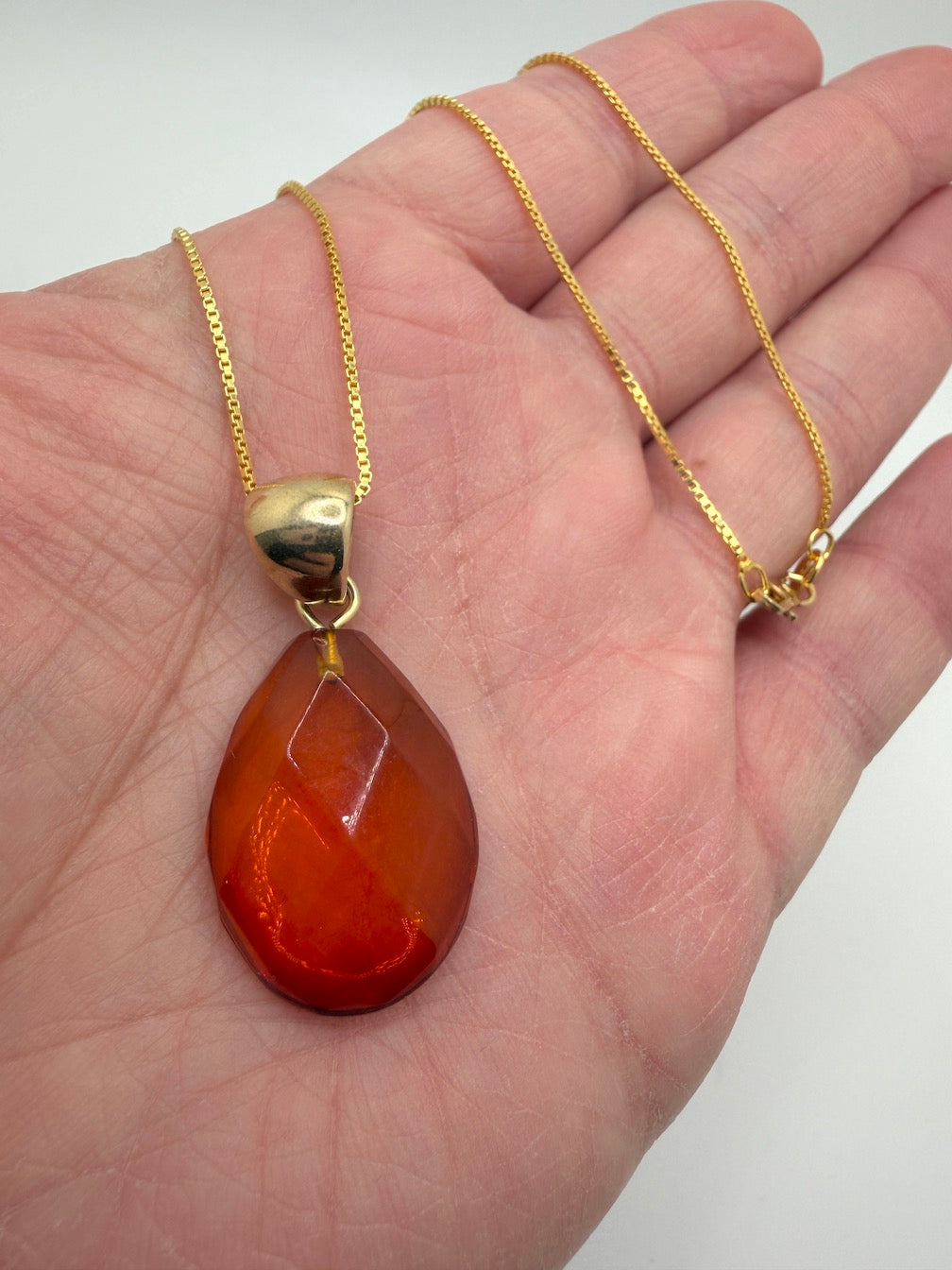 Baltic Amber Faceted Teardrop Pendant in Gold Platted Sterling Silver on Chain