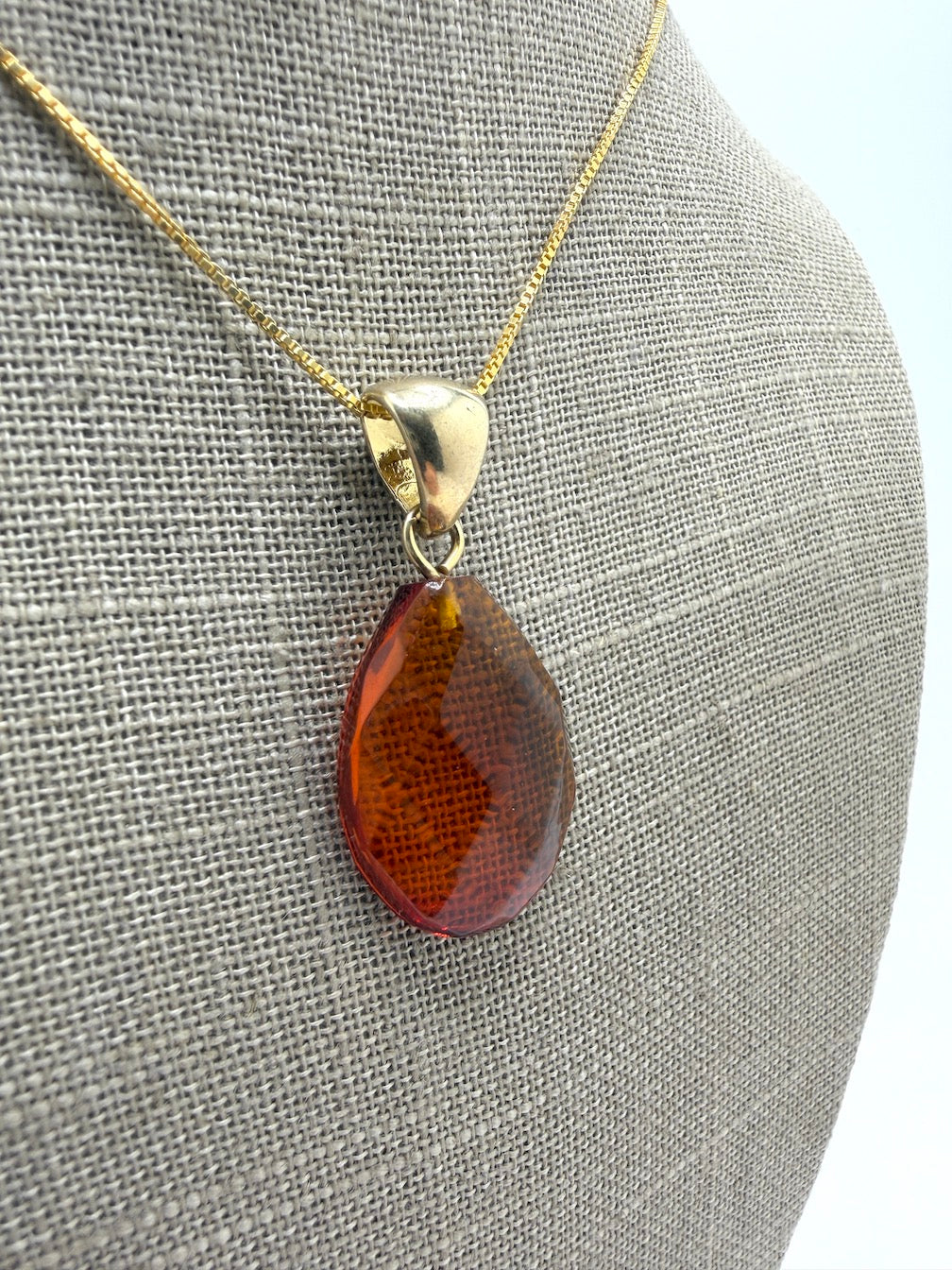 Baltic Amber Faceted Teardrop Pendant in Gold Platted Sterling Silver on Chain