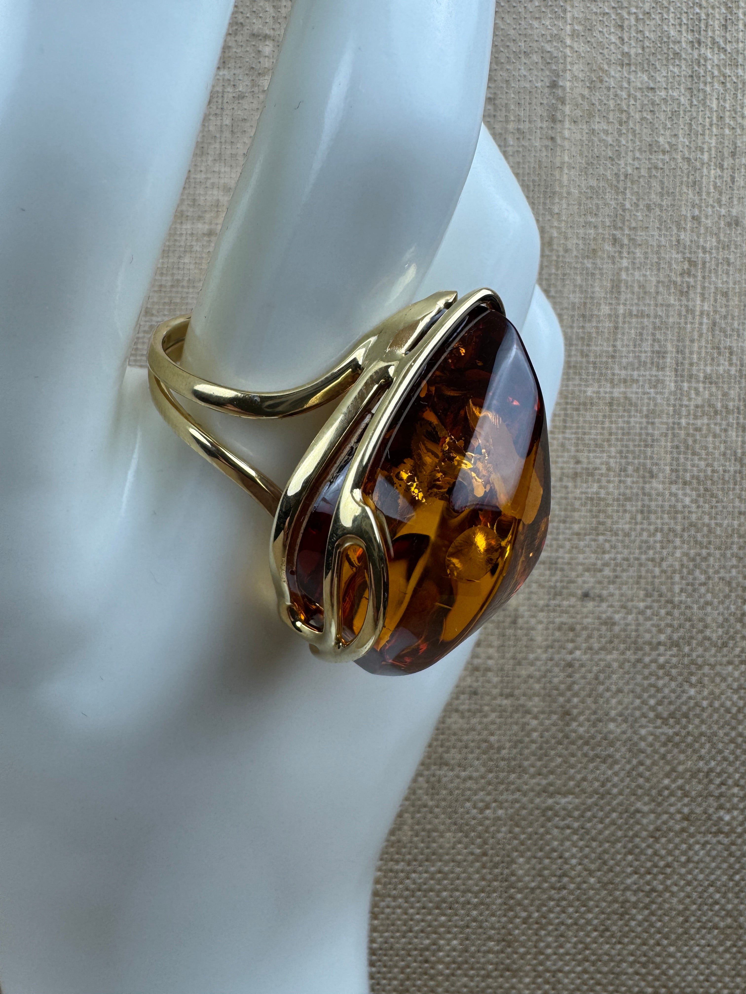 Handmade in Poland Gold Plated Sterling Silver Cognac Baltic Amber Adjustable Cocktail Ring – Genuine Baltic Amber Statement Jewelry
