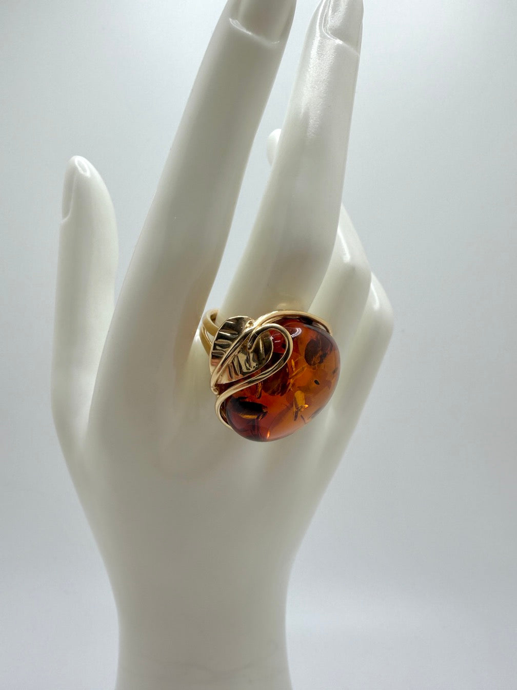 Handmade in Poland Gold Plated Sterling Silver Cognac Baltic Amber Adjustable Cocktail Ring – Genuine Baltic Amber Statement Jewelry