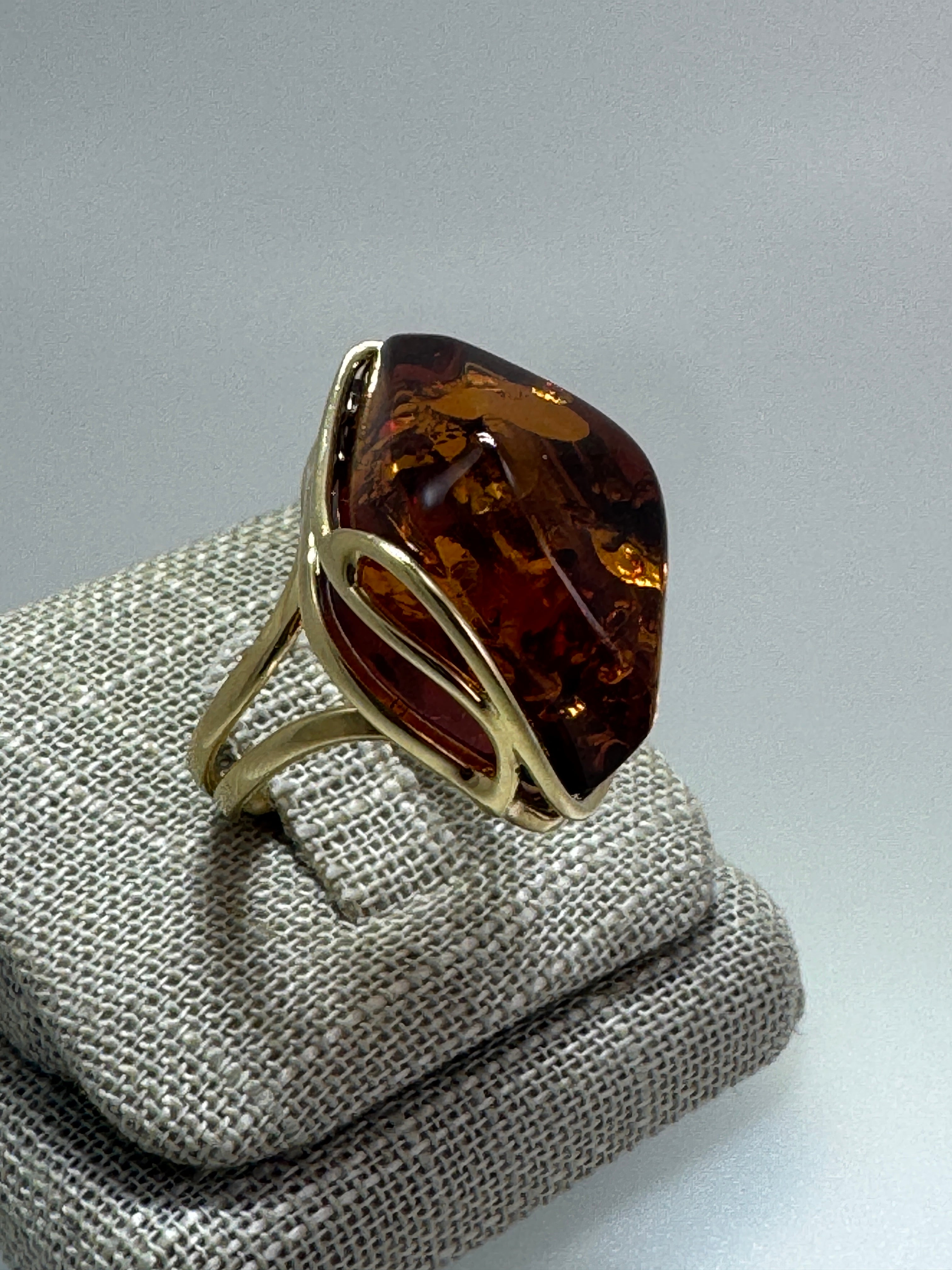 Handmade in Poland Gold Plated Sterling Silver Cognac Baltic Amber Adjustable Cocktail Ring – Genuine Baltic Amber Statement Jewelry