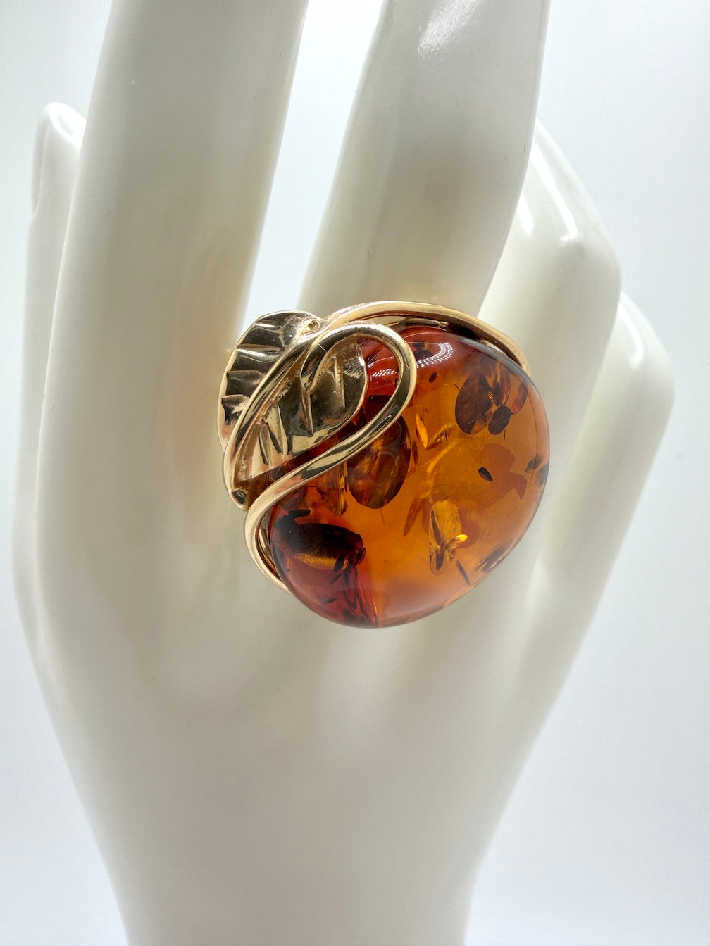 Handmade in Poland Gold Plated Sterling Silver Cognac Baltic Amber Adjustable Cocktail Ring – Genuine Baltic Amber Statement Jewelry