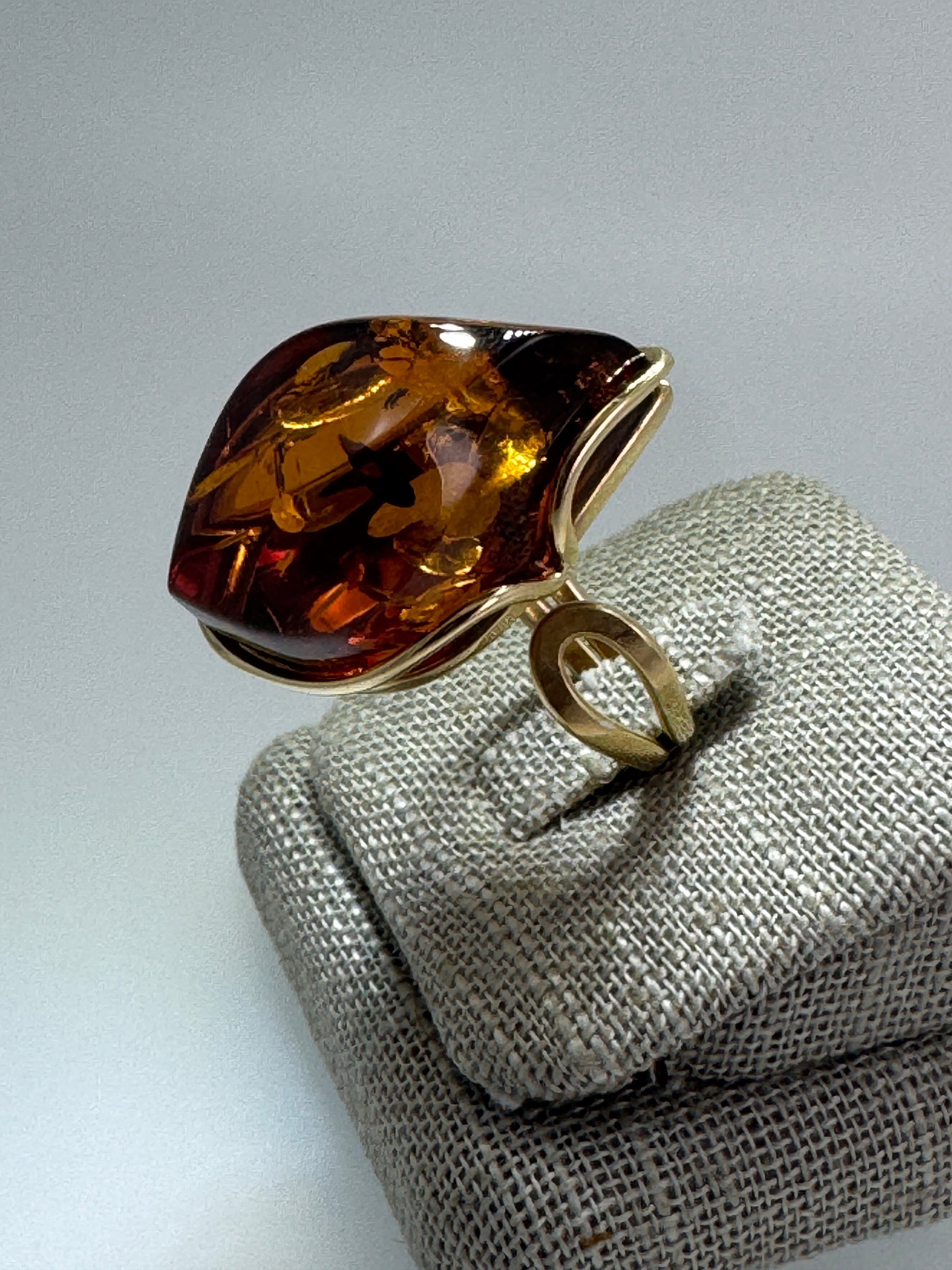 Handmade in Poland Gold Plated Sterling Silver Cognac Baltic Amber Adjustable Cocktail Ring – Genuine Baltic Amber Statement Jewelry
