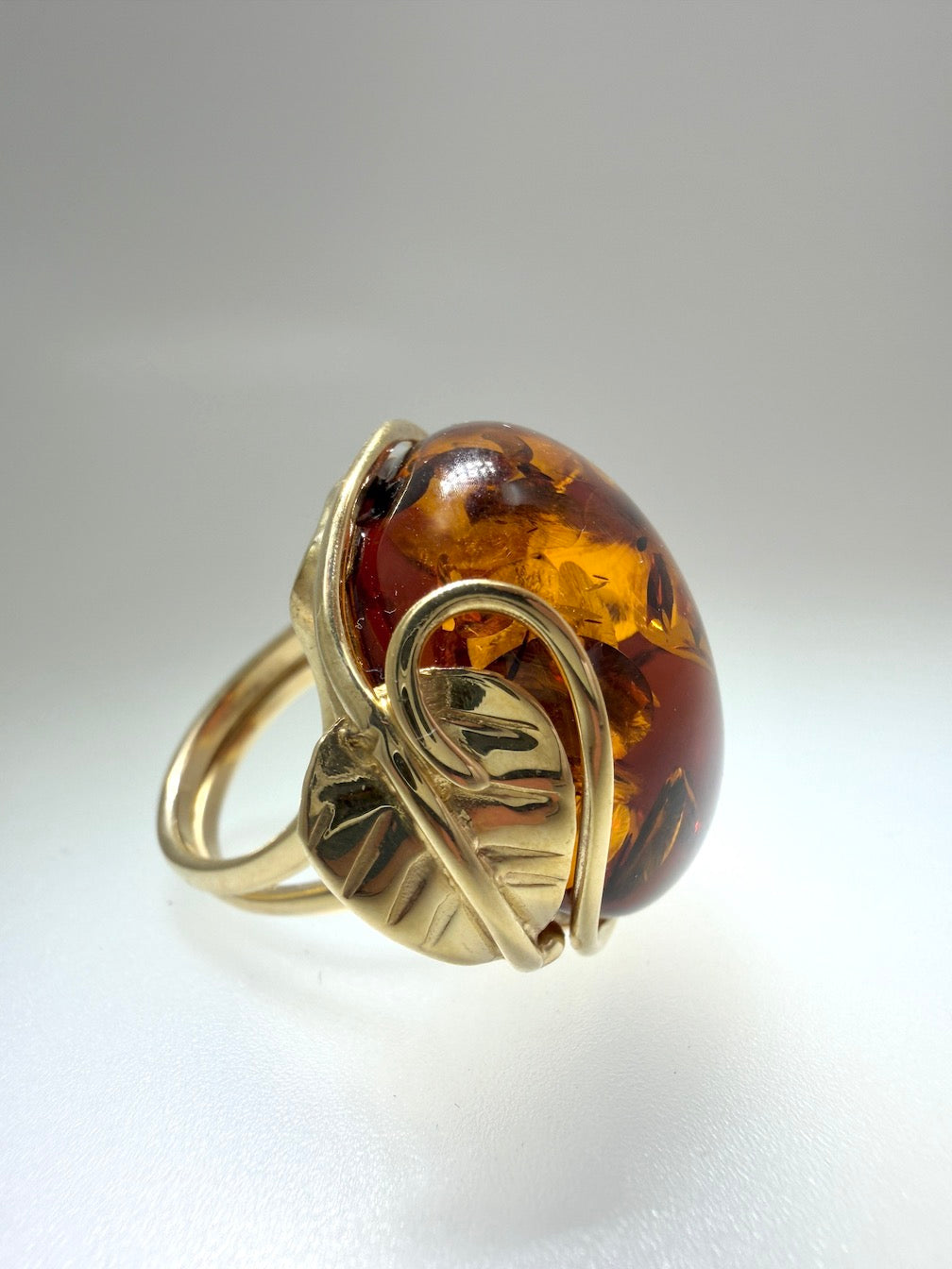 Handmade in Poland Gold Plated Sterling Silver Cognac Baltic Amber Adjustable Cocktail Ring – Genuine Baltic Amber Statement Jewelry