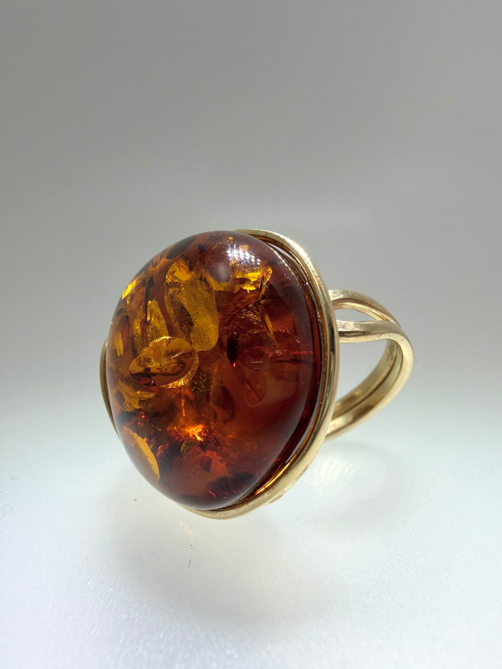 Handmade in Poland Gold Plated Sterling Silver Cognac Baltic Amber Adjustable Cocktail Ring – Genuine Baltic Amber Statement Jewelry