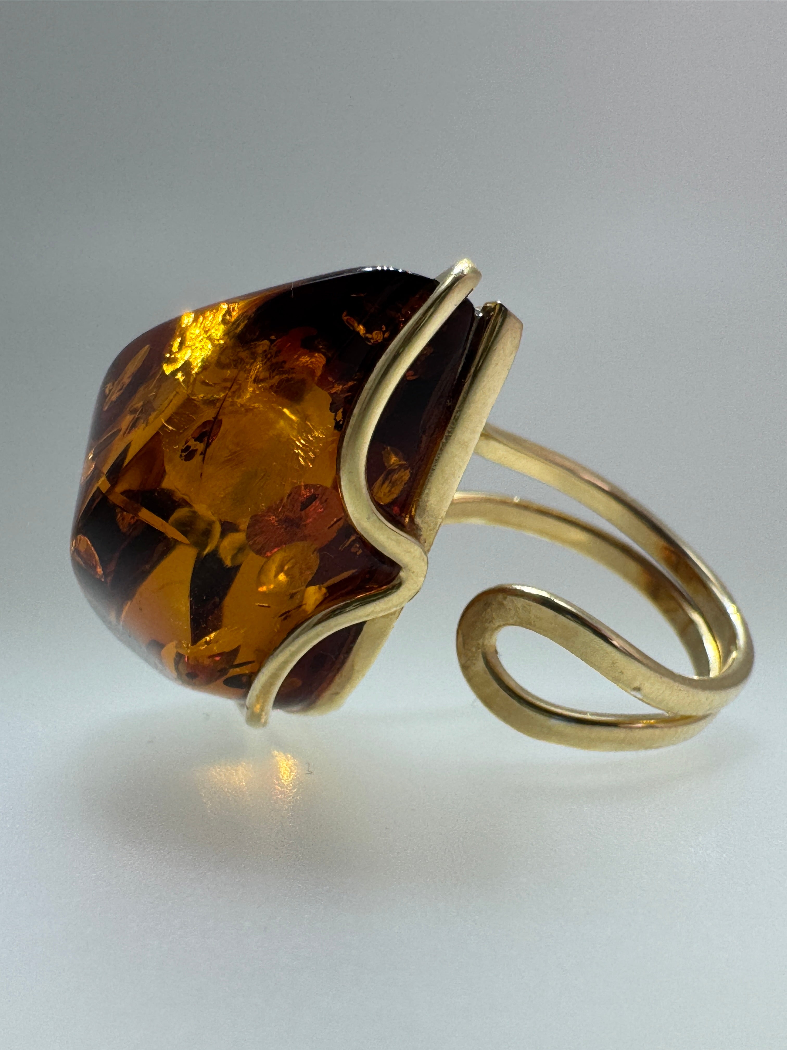 Handmade in Poland Gold Plated Sterling Silver Cognac Baltic Amber Adjustable Cocktail Ring – Genuine Baltic Amber Statement Jewelry