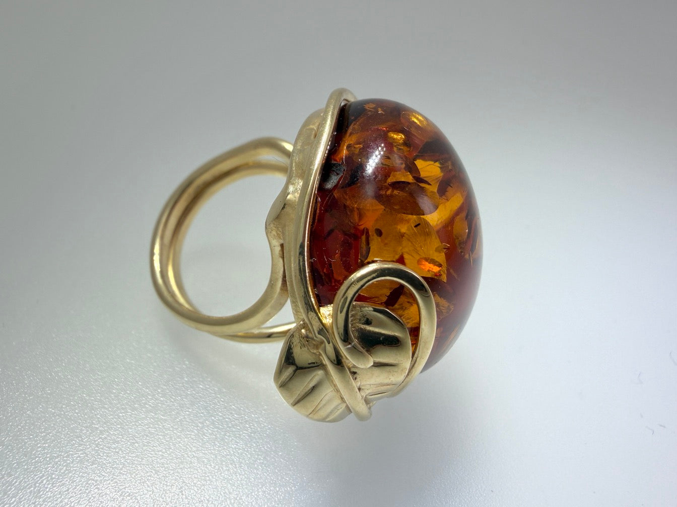 Handmade in Poland Gold Plated Sterling Silver Cognac Baltic Amber Adjustable Cocktail Ring – Genuine Baltic Amber Statement Jewelry