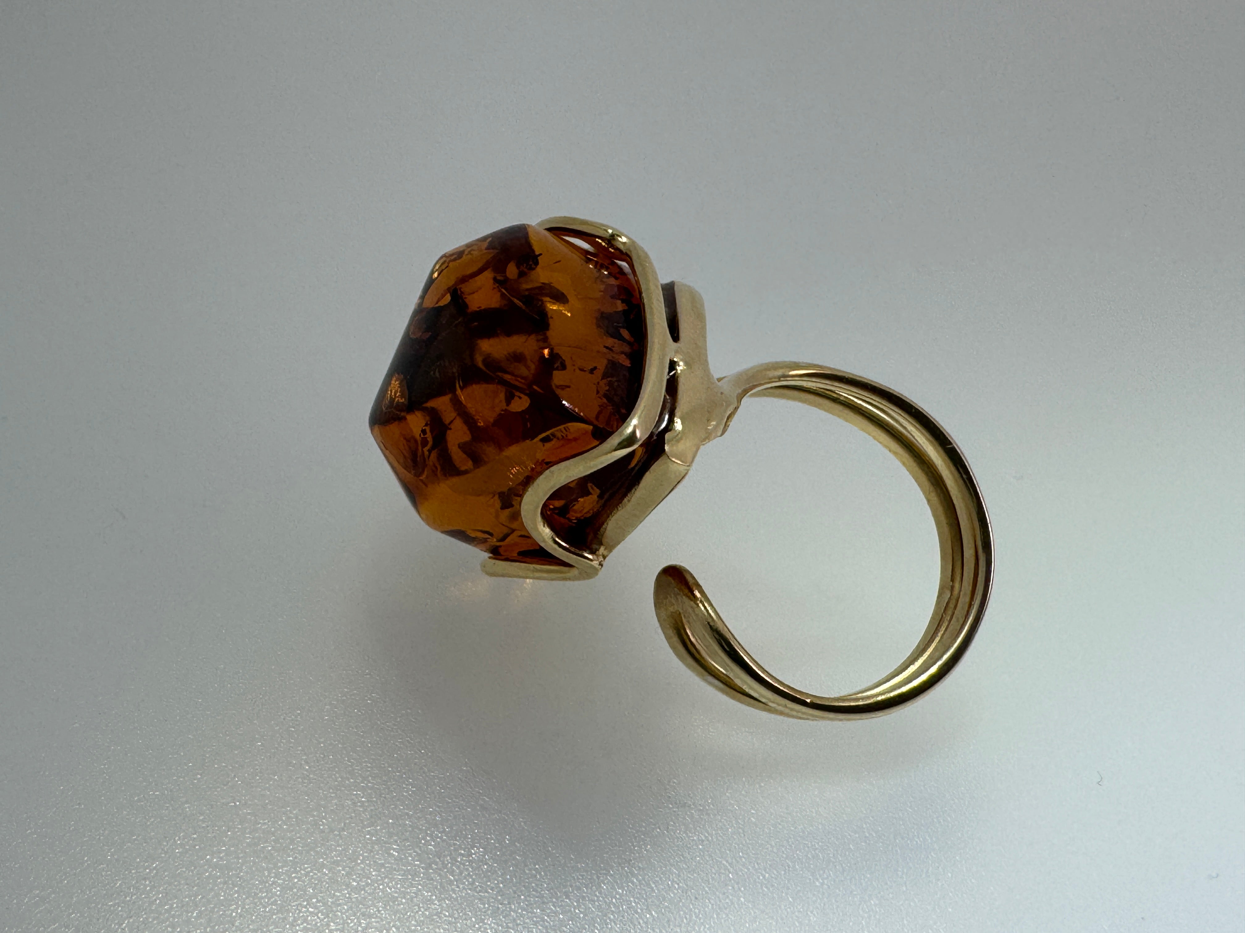 Handmade in Poland Gold Plated Sterling Silver Cognac Baltic Amber Adjustable Cocktail Ring – Genuine Baltic Amber Statement Jewelry