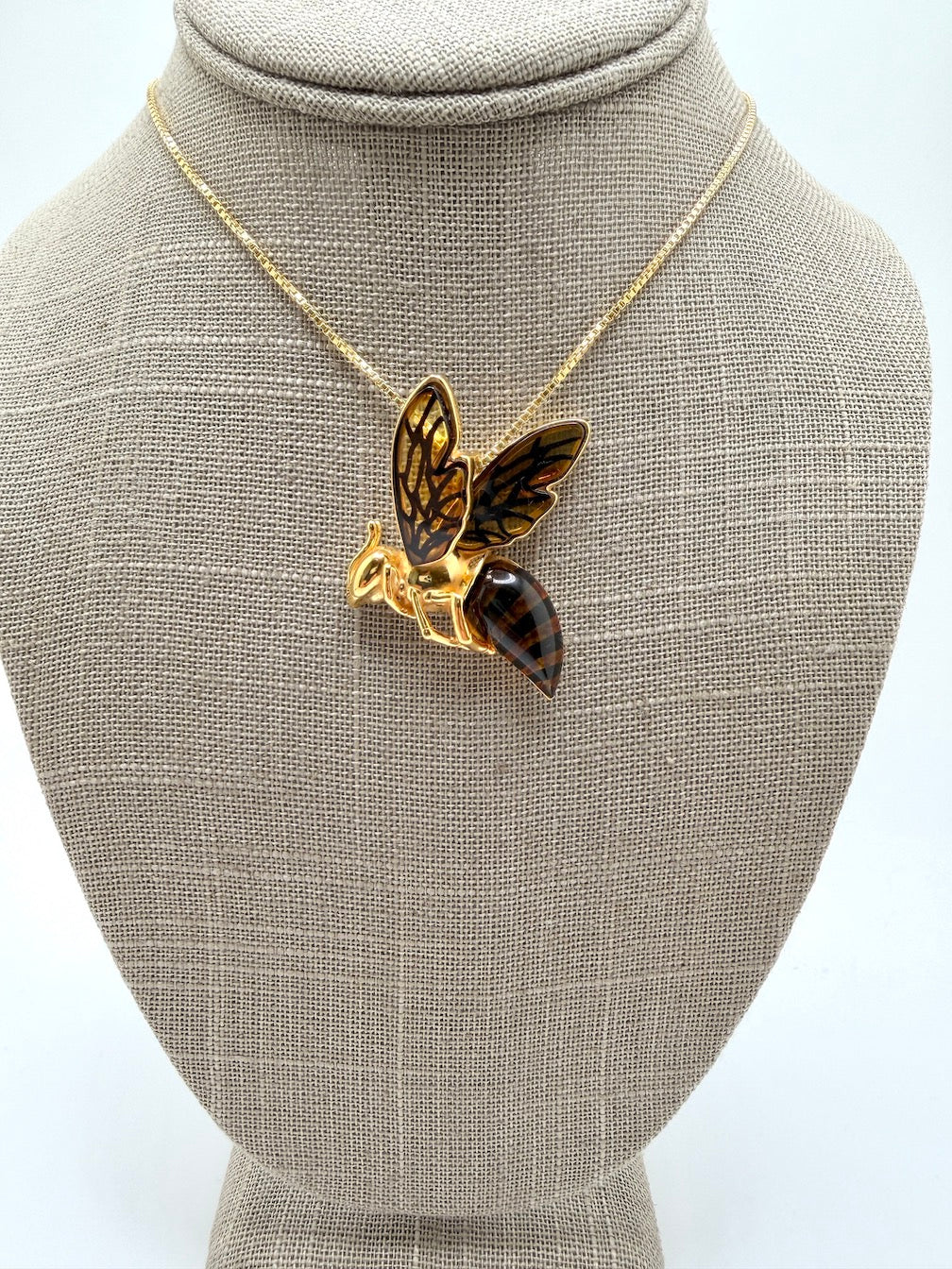 Handmade in Poland Gold Plated Sterling Silver & Genuine Baltic Amber Bumblebee Necklace – Largest Size Museum-Quality Pendant