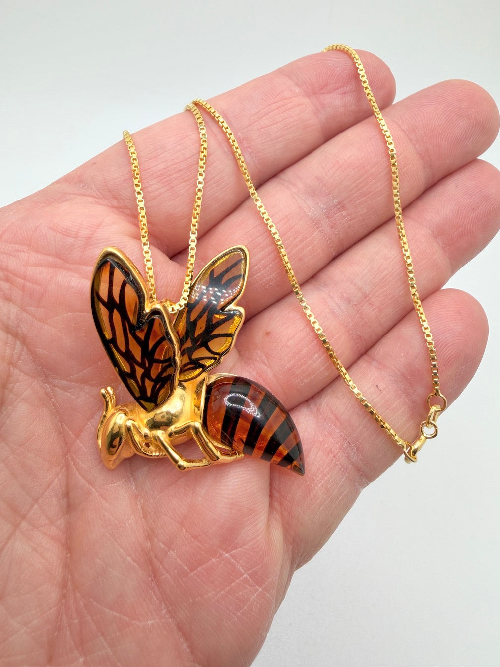 Handmade in Poland Gold Plated Sterling Silver & Genuine Baltic Amber Bumblebee Necklace – Largest Size Museum-Quality Pendant