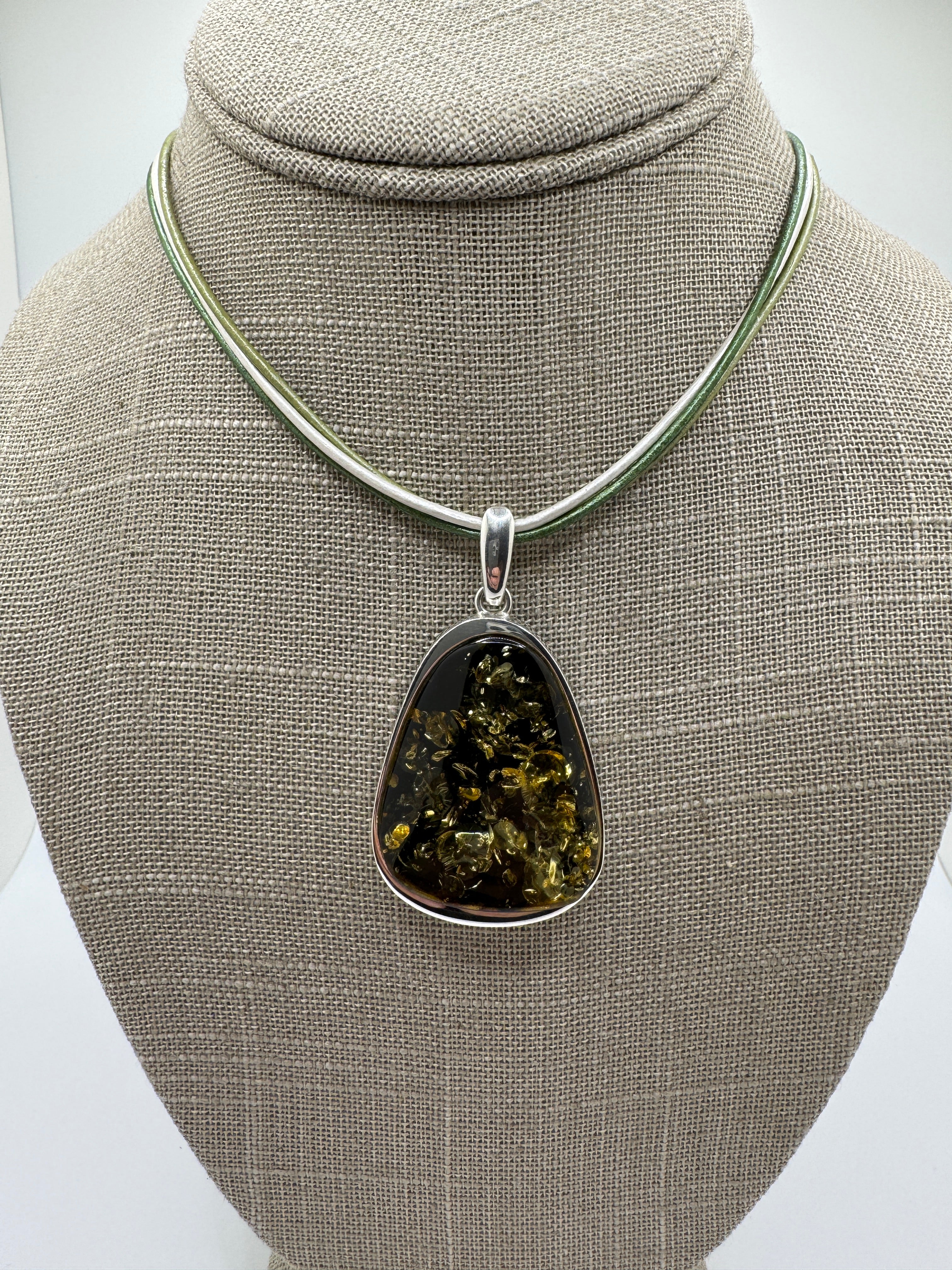 Handmade in Poland Green Baltic Amber Pendant with Sterling Silver & Ombre Leather Necklace