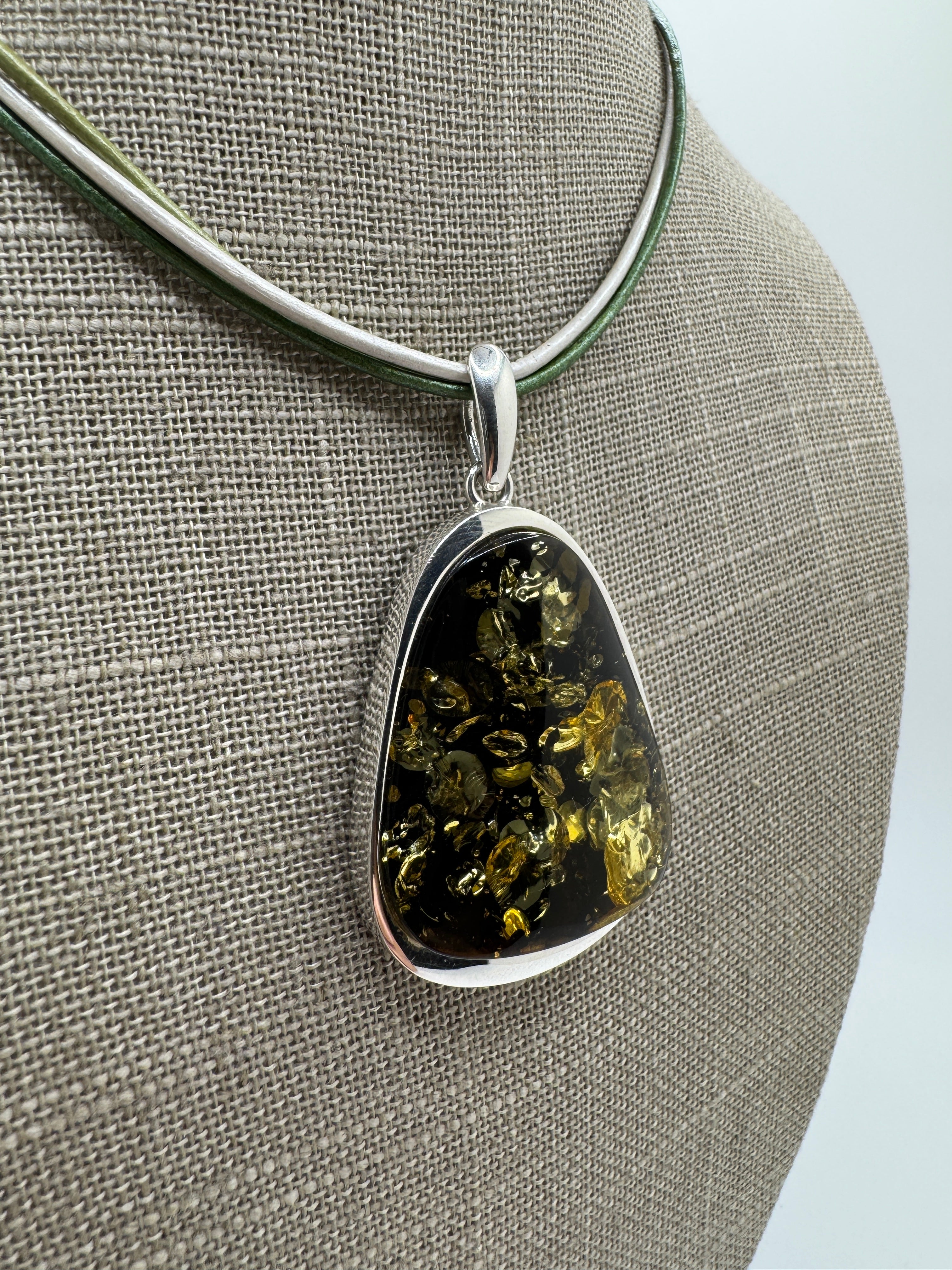 Handmade in Poland Green Baltic Amber Pendant with Sterling Silver & Ombre Leather Necklace