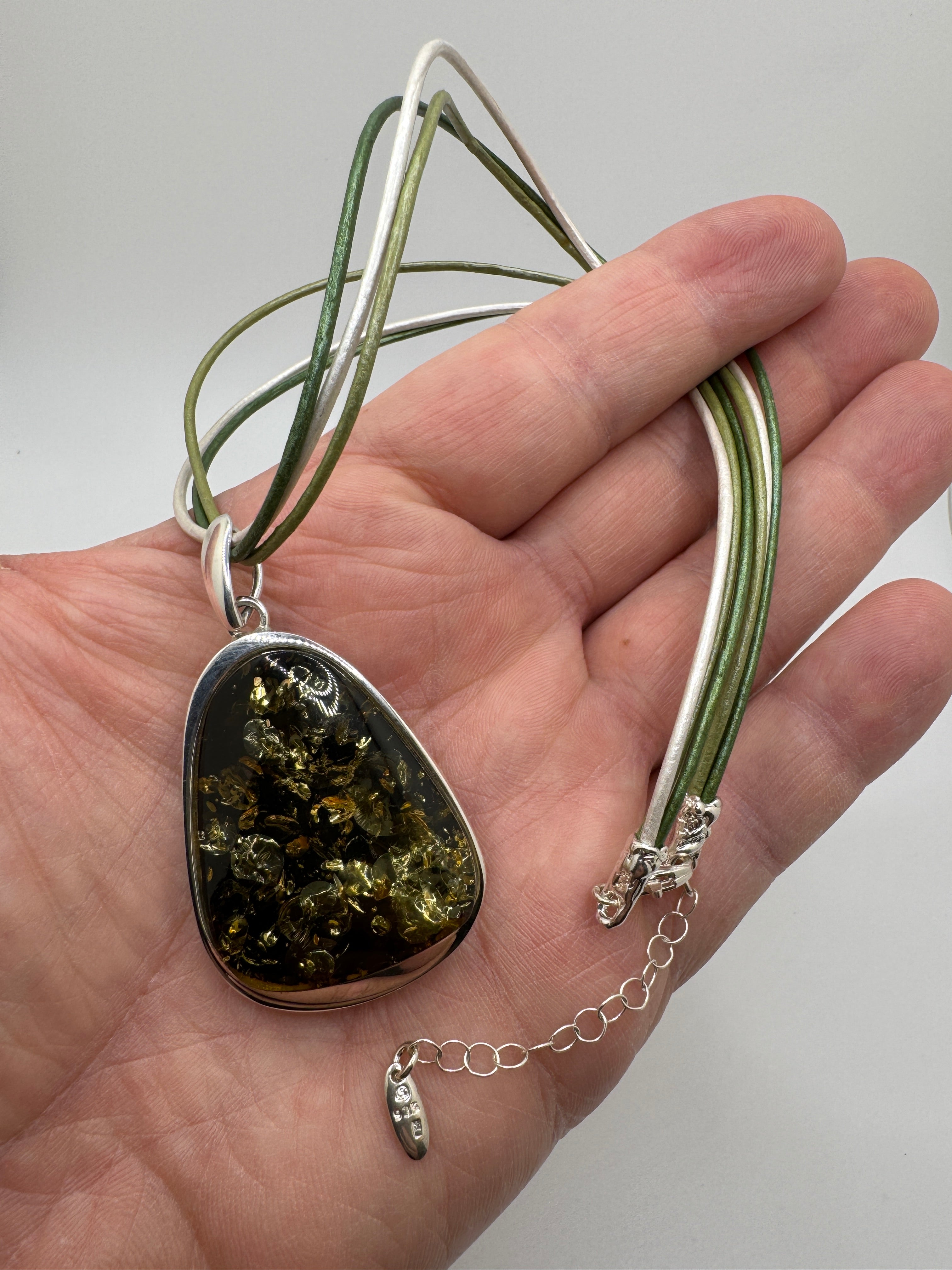 Handmade in Poland Green Baltic Amber Pendant with Sterling Silver & Ombre Leather Necklace
