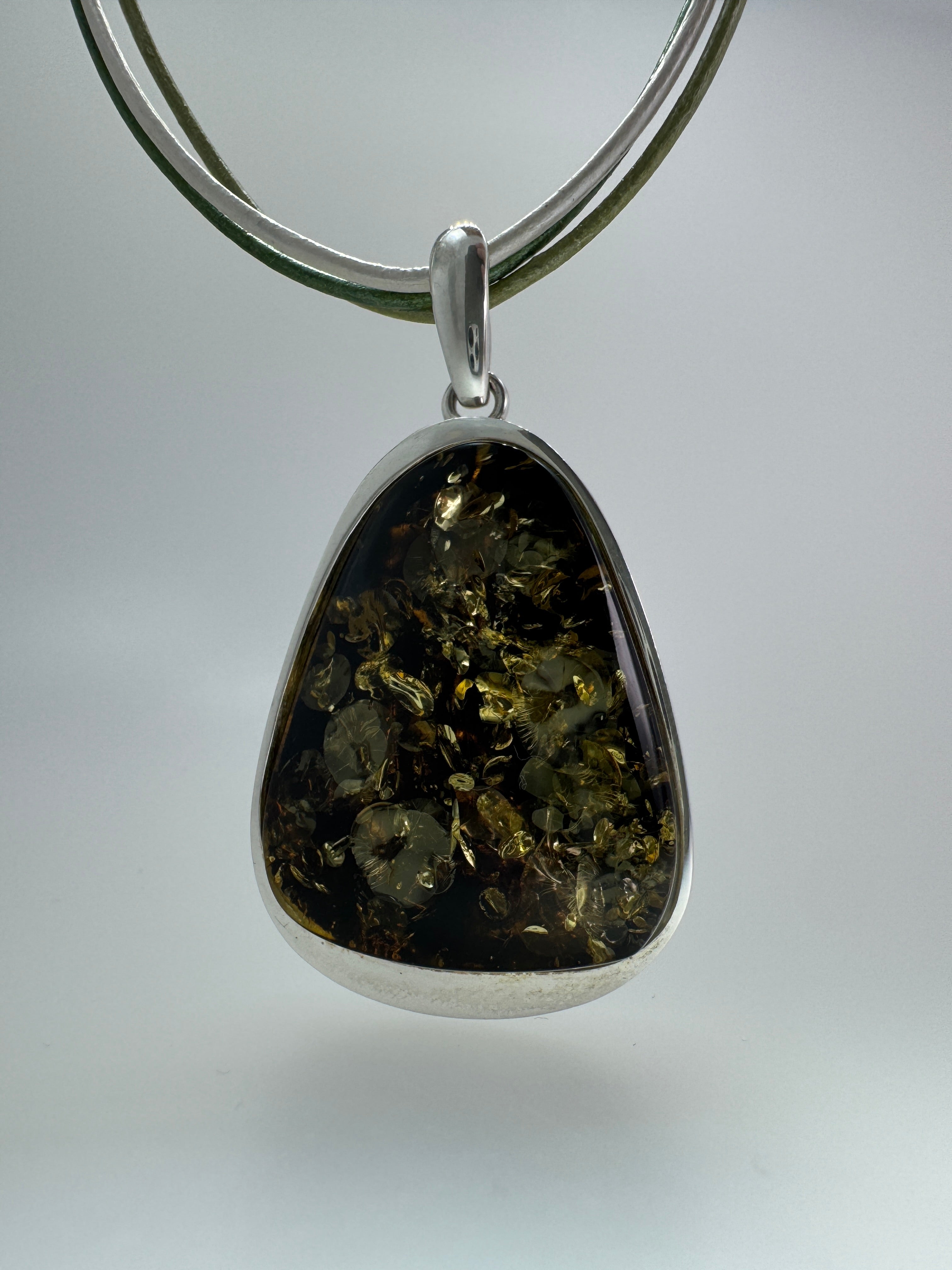 Handmade in Poland Green Baltic Amber Pendant with Sterling Silver & Ombre Leather Necklace
