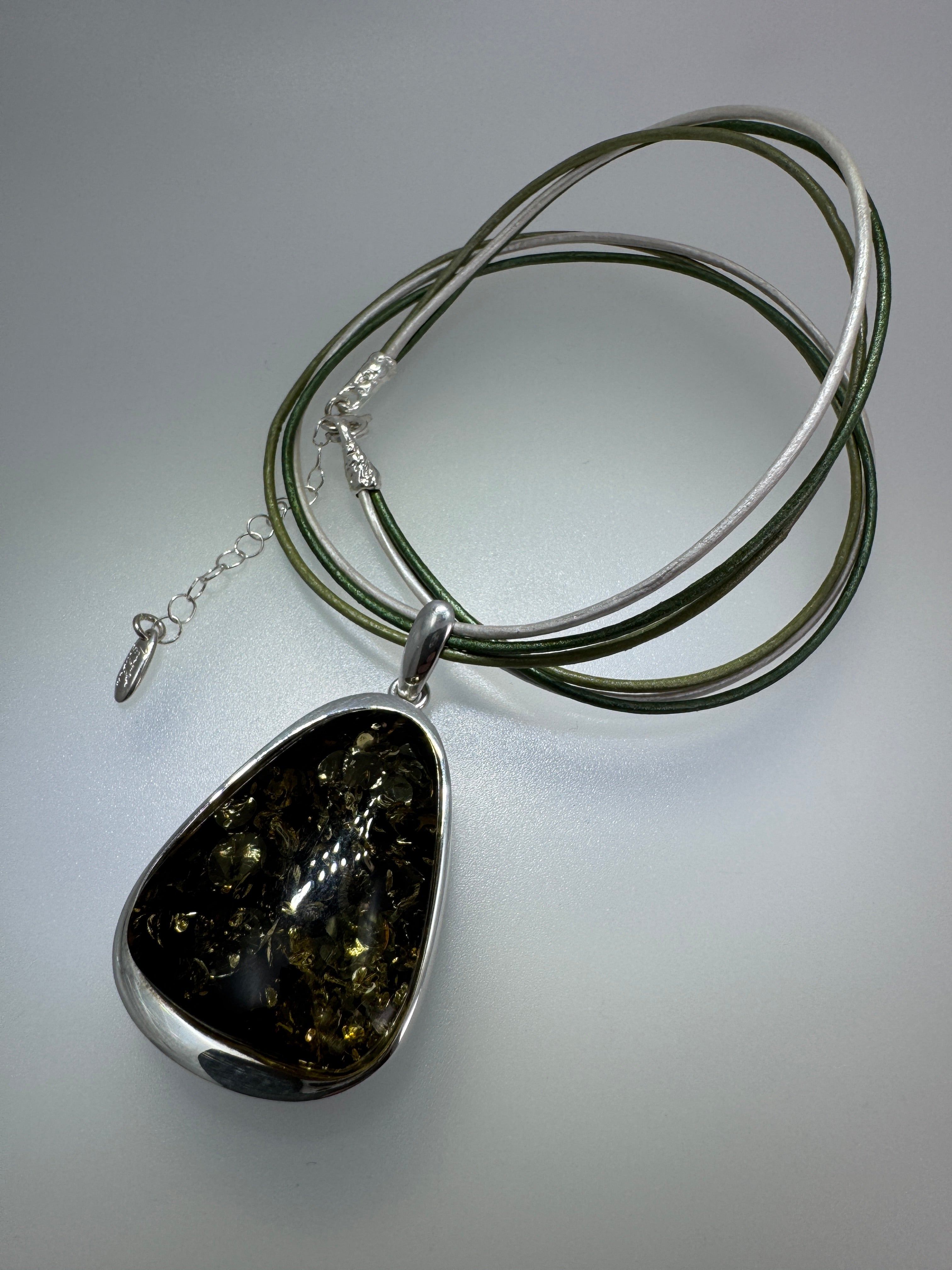 Handmade in Poland Green Baltic Amber Pendant with Sterling Silver & Ombre Leather Necklace
