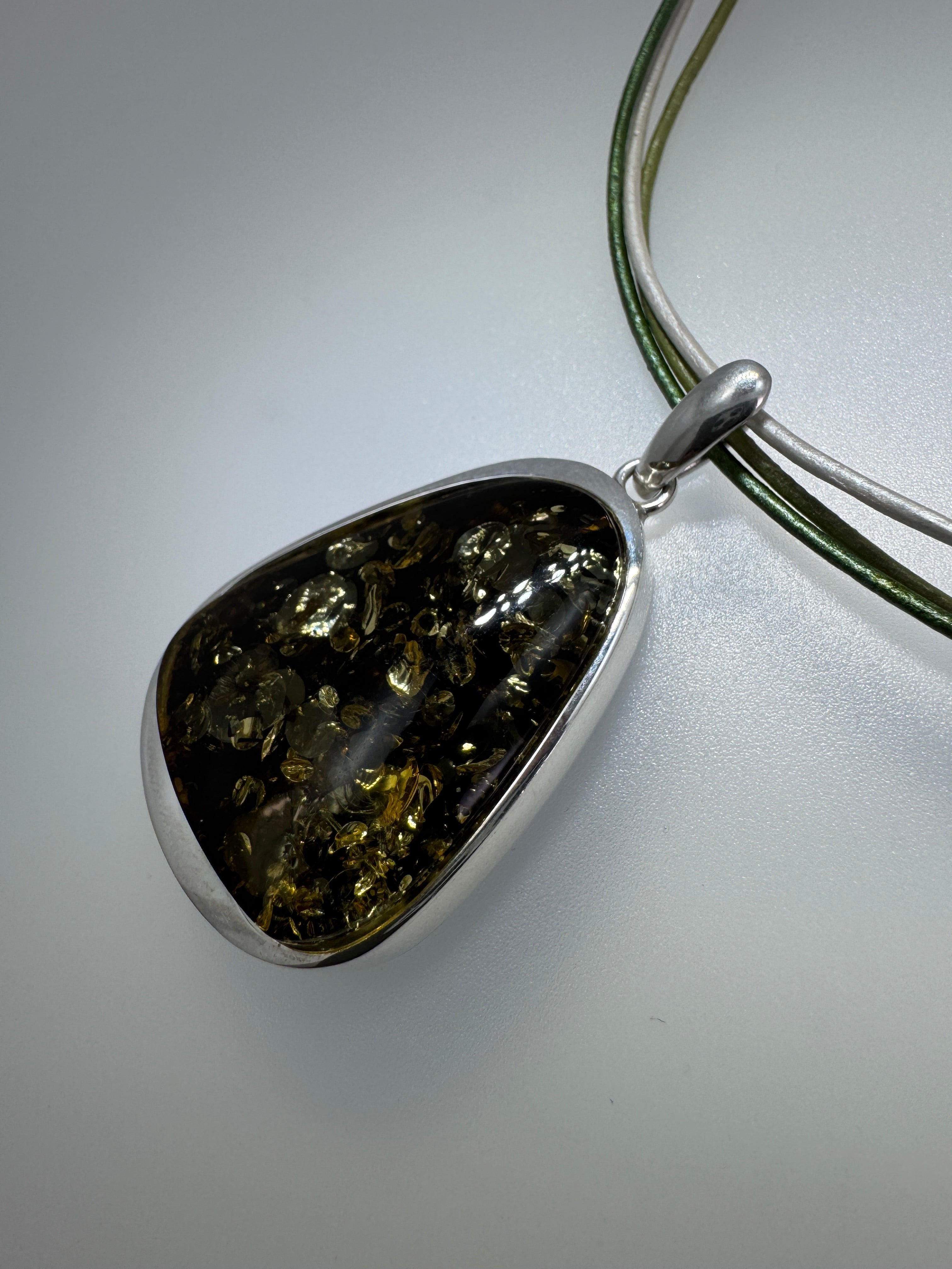 Handmade in Poland Green Baltic Amber Pendant with Sterling Silver & Ombre Leather Necklace