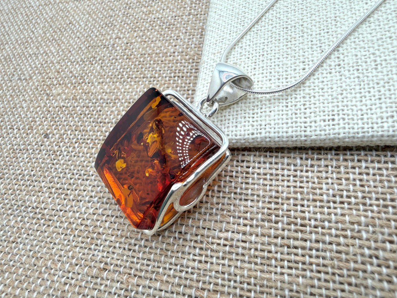 Handmade in Poland Modern Contemporary Sterling Silver Rectangular Pendant with Genuine Cognac Baltic Amber