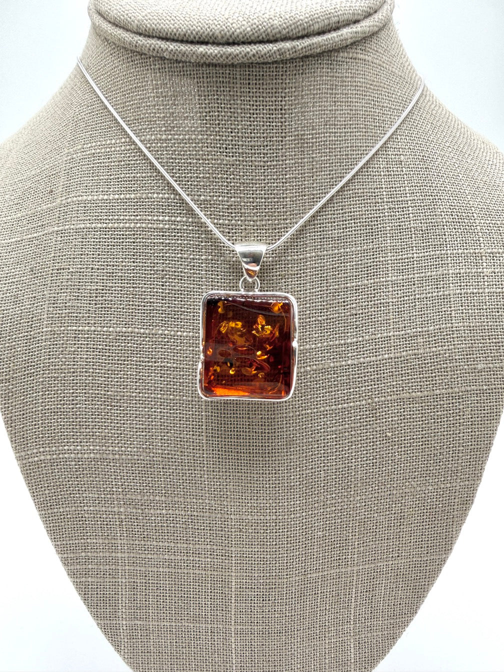 Handmade in Poland Modern Contemporary Sterling Silver Rectangular Pendant with Genuine Cognac Baltic Amber