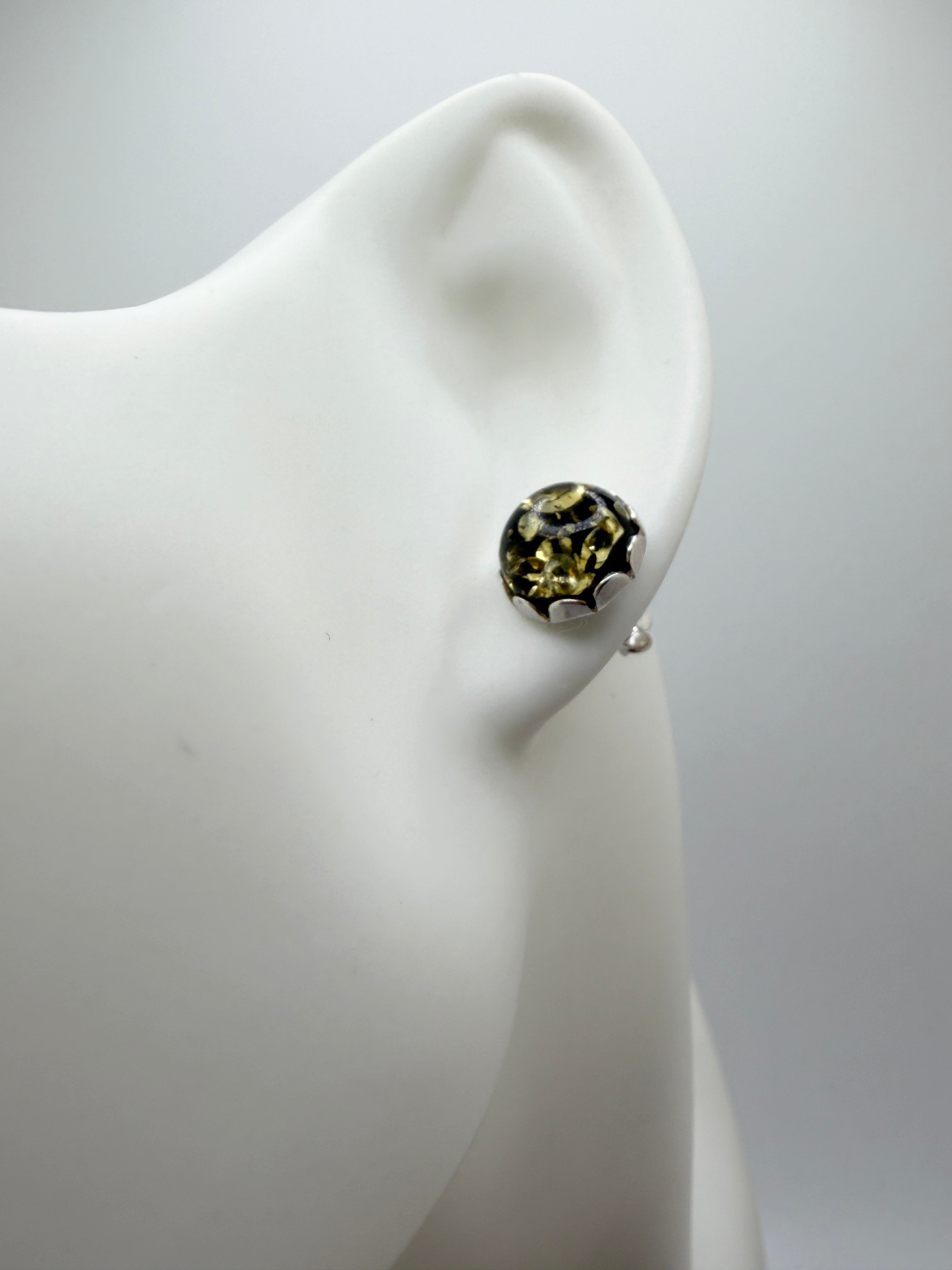 Sterling Silver Green Baltic Amber 10mm Round Cab Stud Earrings 