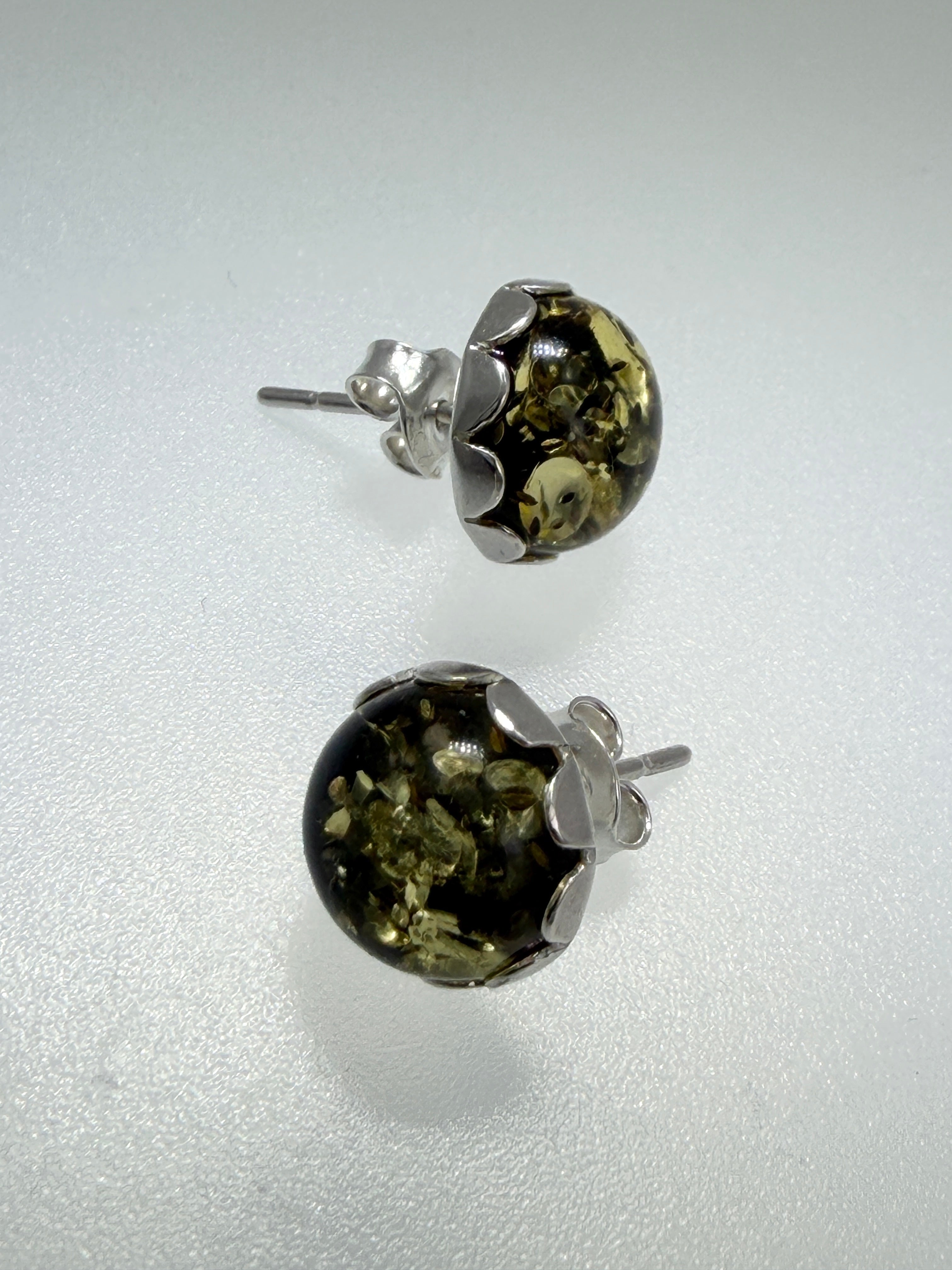Sterling Silver Green Baltic Amber 10mm Round Cab Stud Earrings 