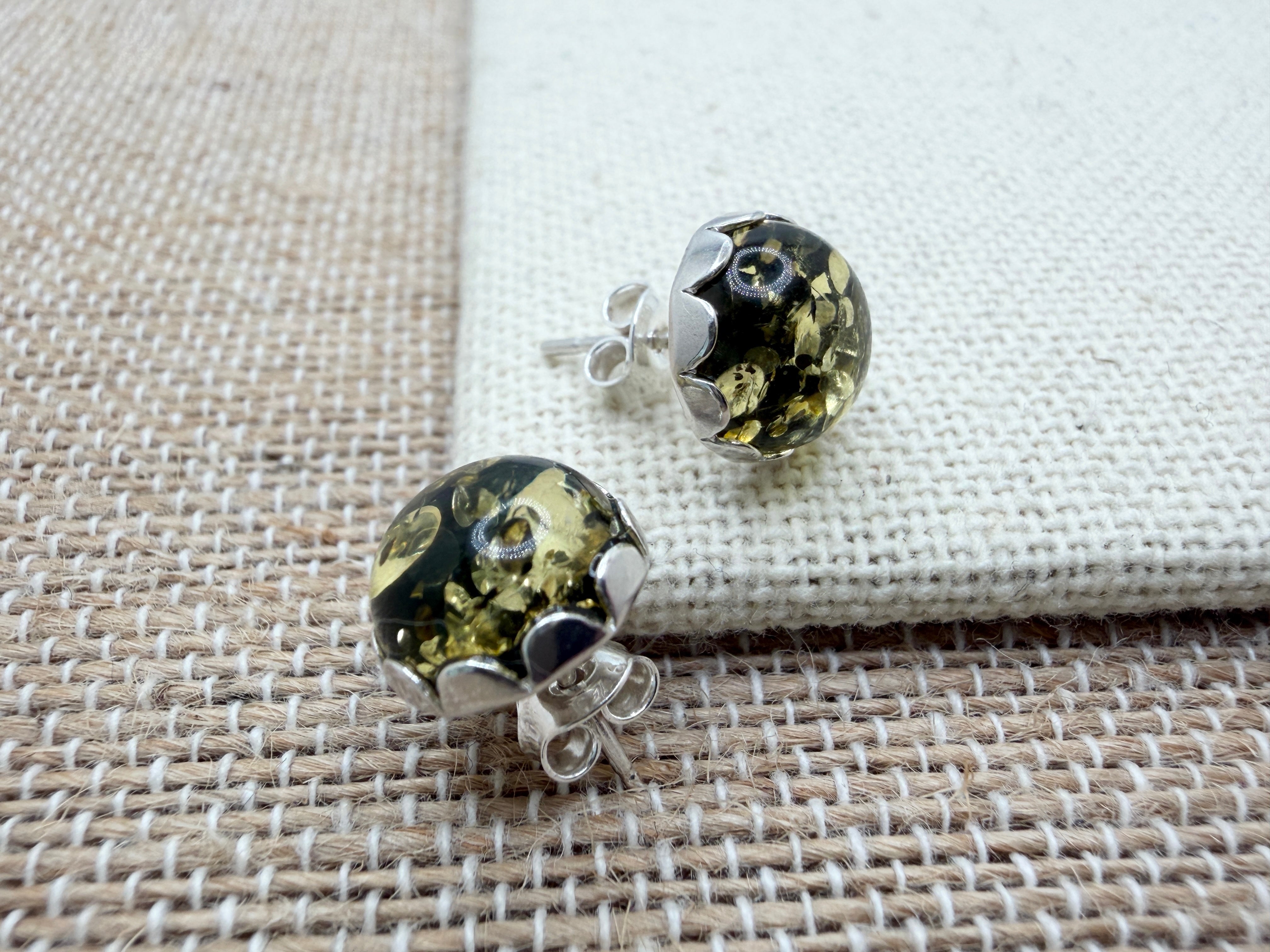Sterling Silver Green Baltic Amber 10mm Round Cab Stud Earrings 