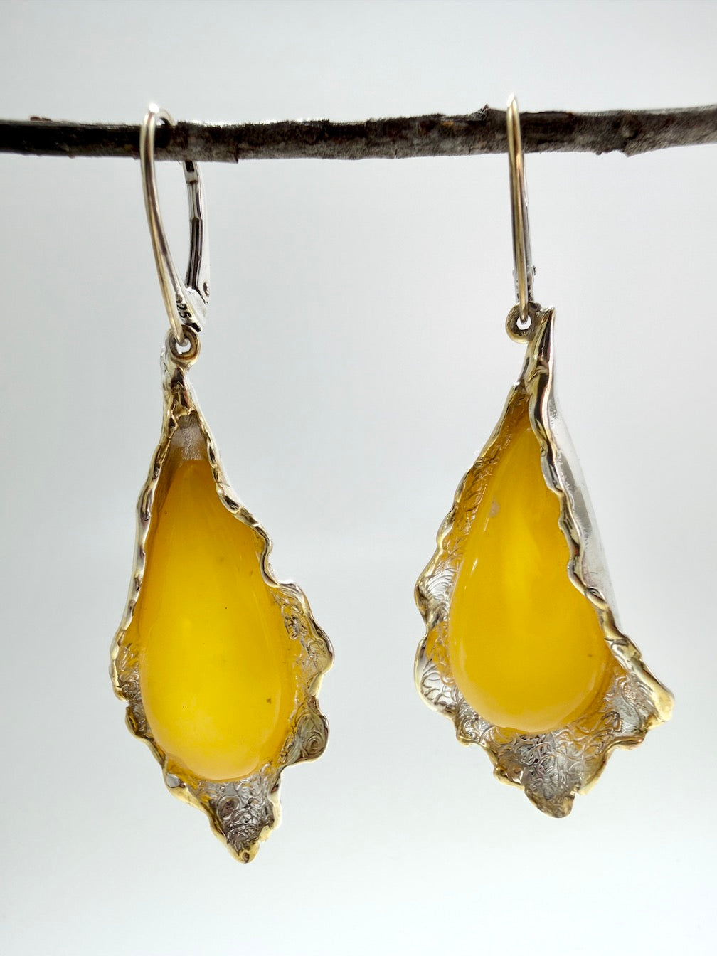 Handmade in Poland Sterling Silver Modern Artistic Butterscotch Baltic Amber Drop Earrings