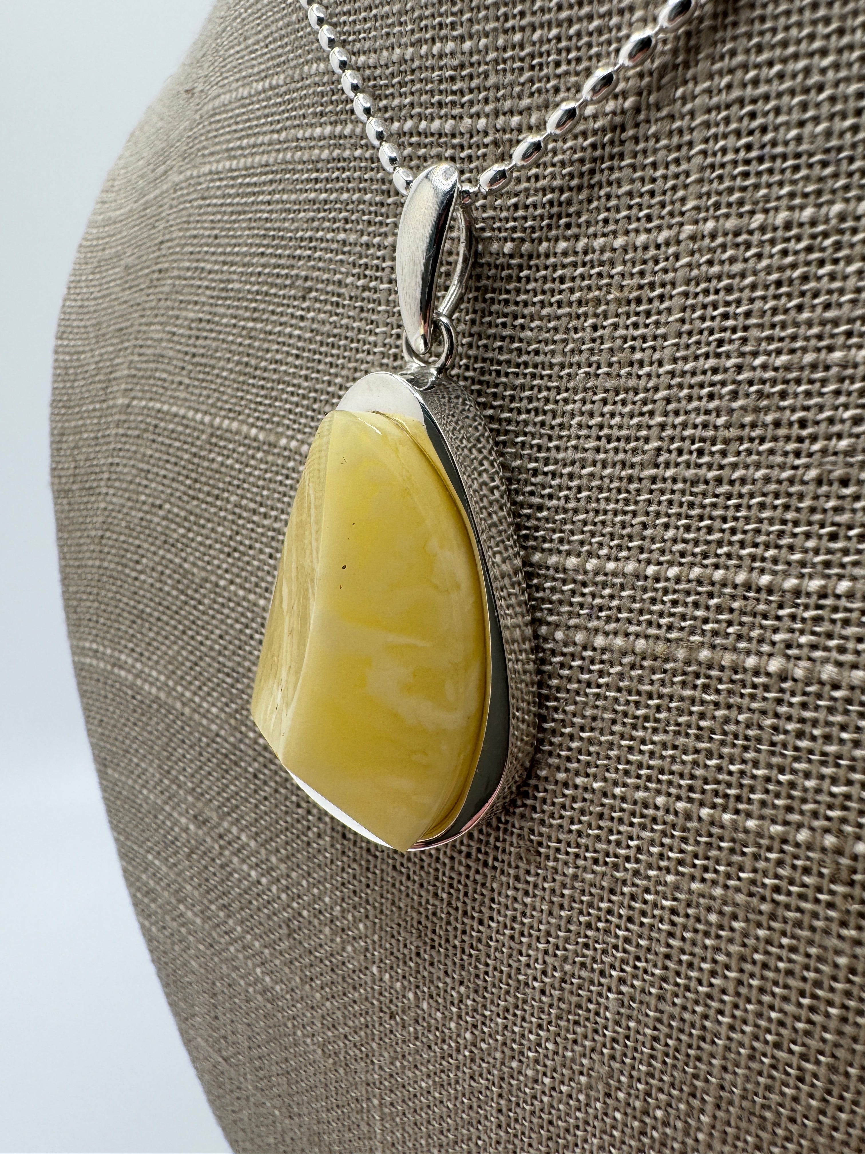 Handmade in Poland Sterling Silver Organic Faceted Triangular Pendant with Rare Butterscotch Baltic Amber – Modern Statement Necklace