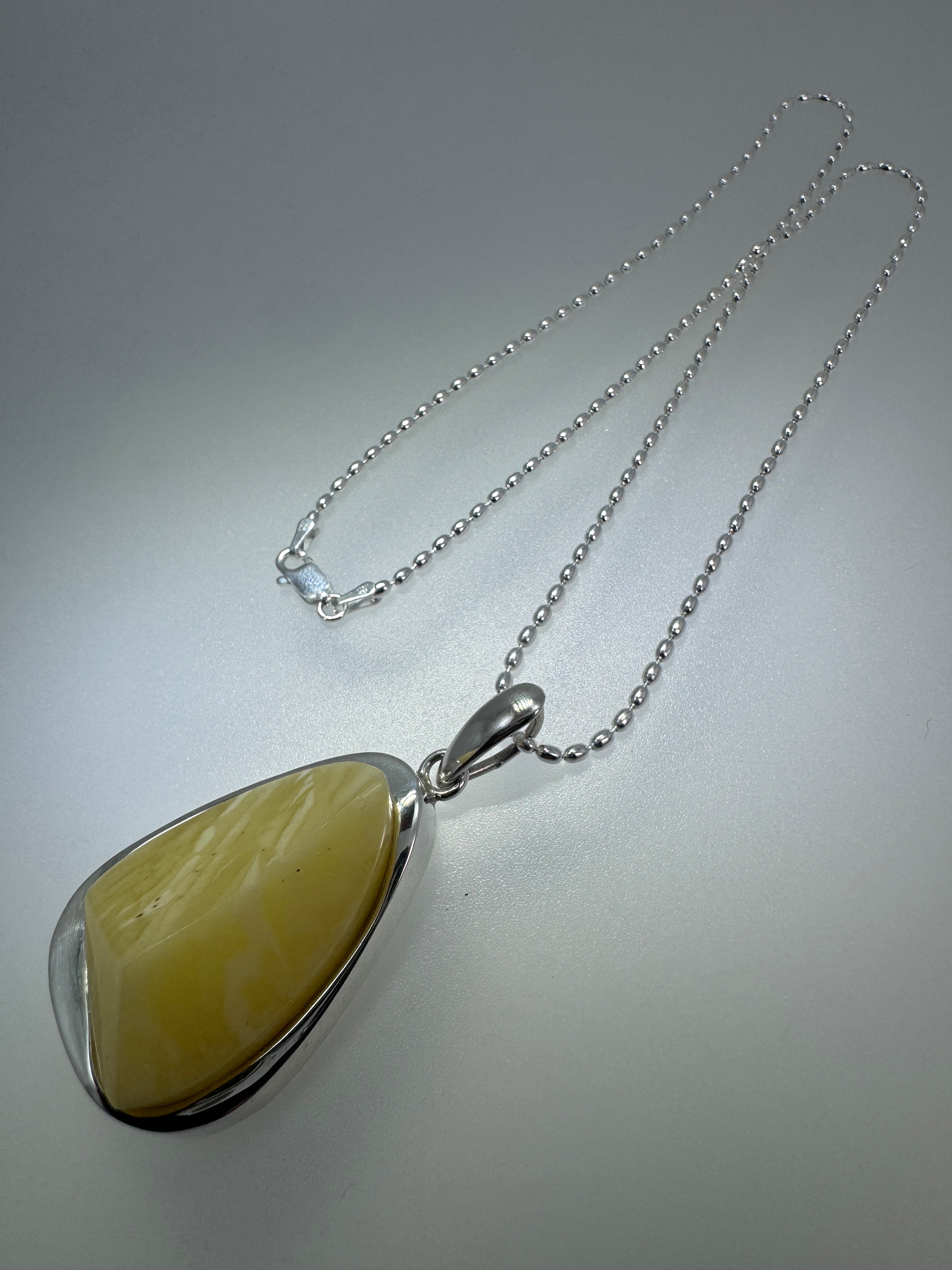 Handmade in Poland Sterling Silver Organic Faceted Triangular Pendant with Rare Butterscotch Baltic Amber – Modern Statement Necklace