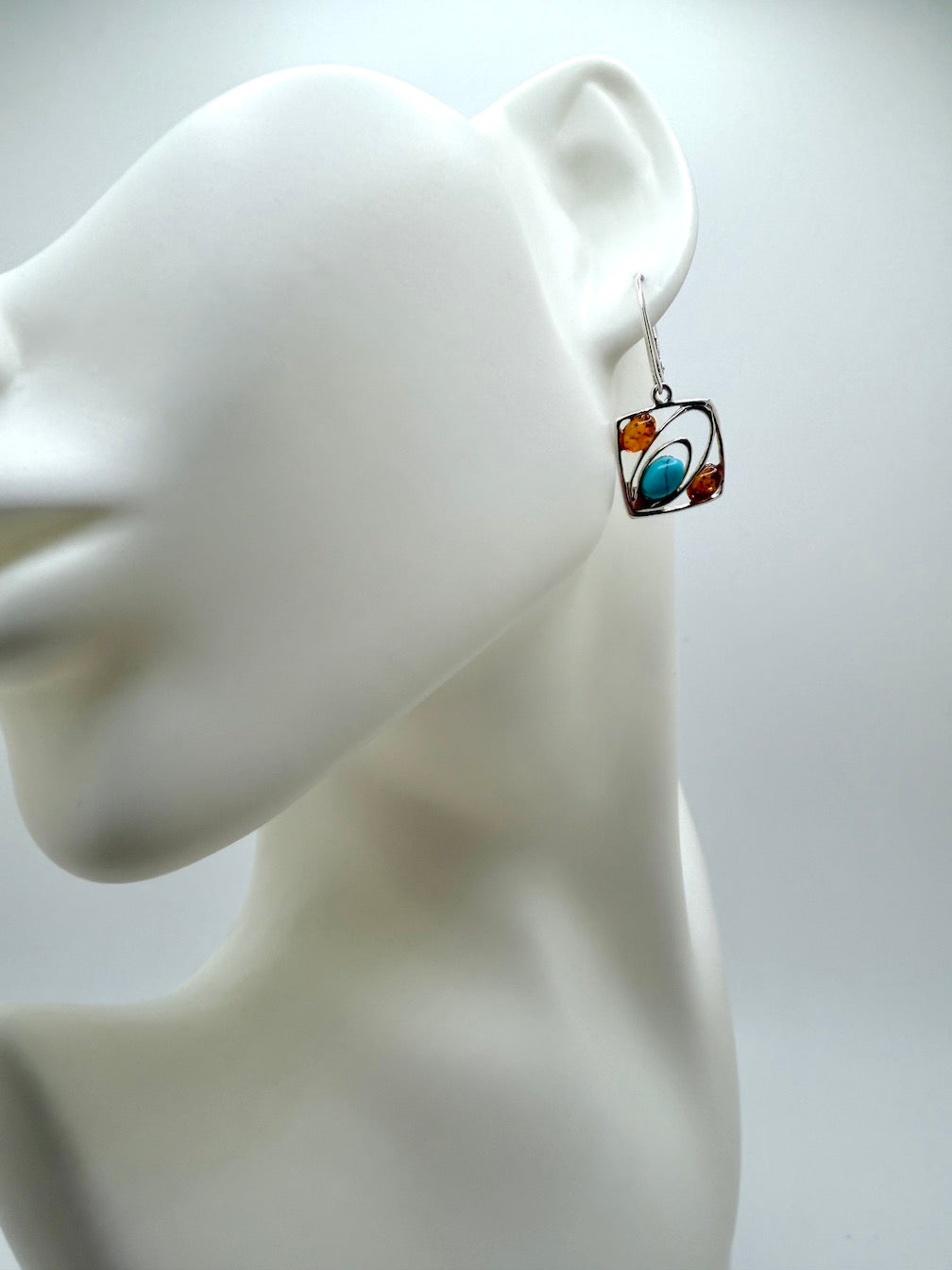 Handmade in Poland Sterling Silver & Cognac Baltic Amber Modern Drop Earrings – Square Design with Turquoise Accent