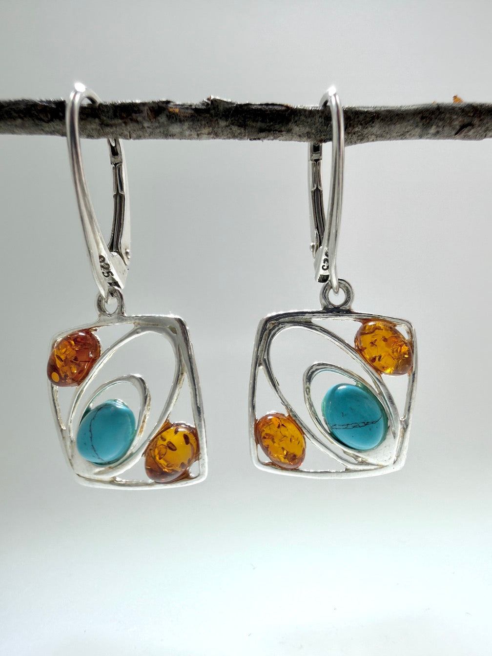 Handmade in Poland Sterling Silver & Cognac Baltic Amber Modern Drop Earrings – Square Design with Turquoise Accent